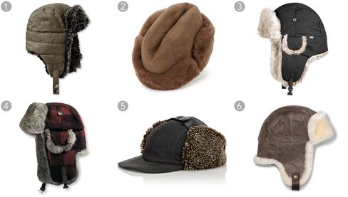 (1) Quilted trapper hat, Banana Republic, $59.50, bananarepublic.com; (2) Vermont sheepskin hat, Lock & Co. Hatters, $298, lockhatter.co.uk;(3) Sarek hat, Fjallraven, $80, fjallraven.us; (4) Mad bomber hat in buffalo plaid, L.L.Bean, $49.95, llbean.com; (5) Elmer fudded baseball cap, Crown Cap, $140, barneys.com; (6) Sheepskin trapper, UGG Australia, $205, uggaustralia.com;