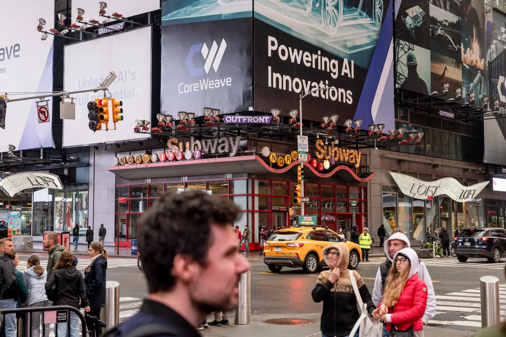 CoreWeave Inc. signage in Times Square in New York.