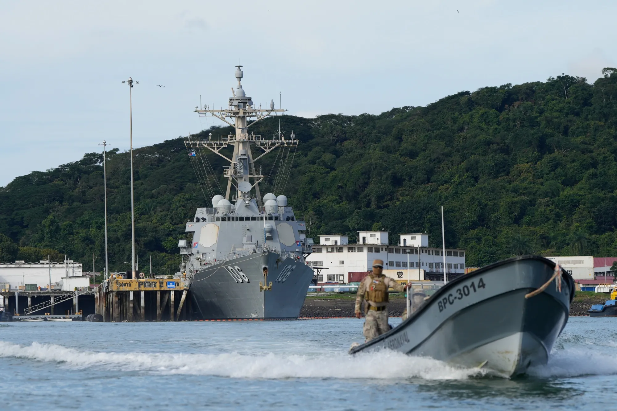 The US Navy's USS Stockdale, an Arleigh Burke-class guided-missile destroyer, docked near the entrance to the Panama Canal.&nbsp;