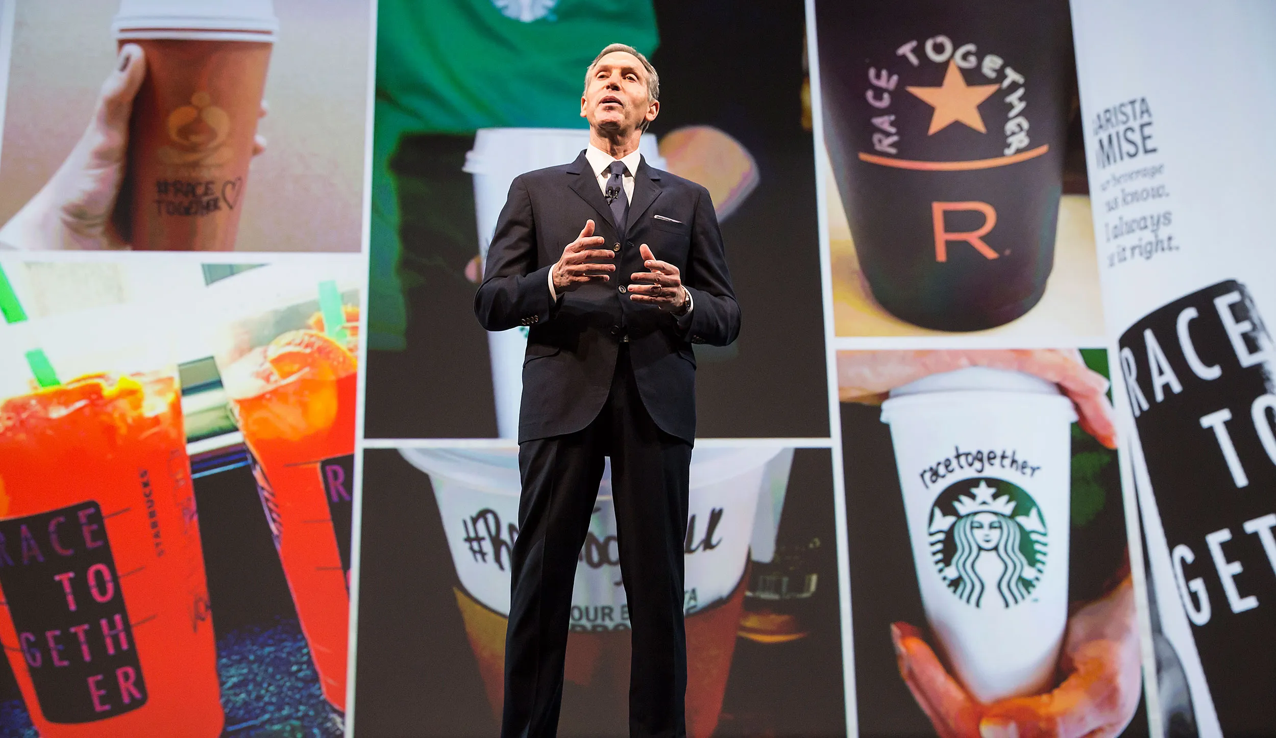 Starbucks Chairman and CEO Howard Schultz addresses the "Race Together" program during the Starbucks annual shareholders meeting March 18, 2015 in Seattle.
