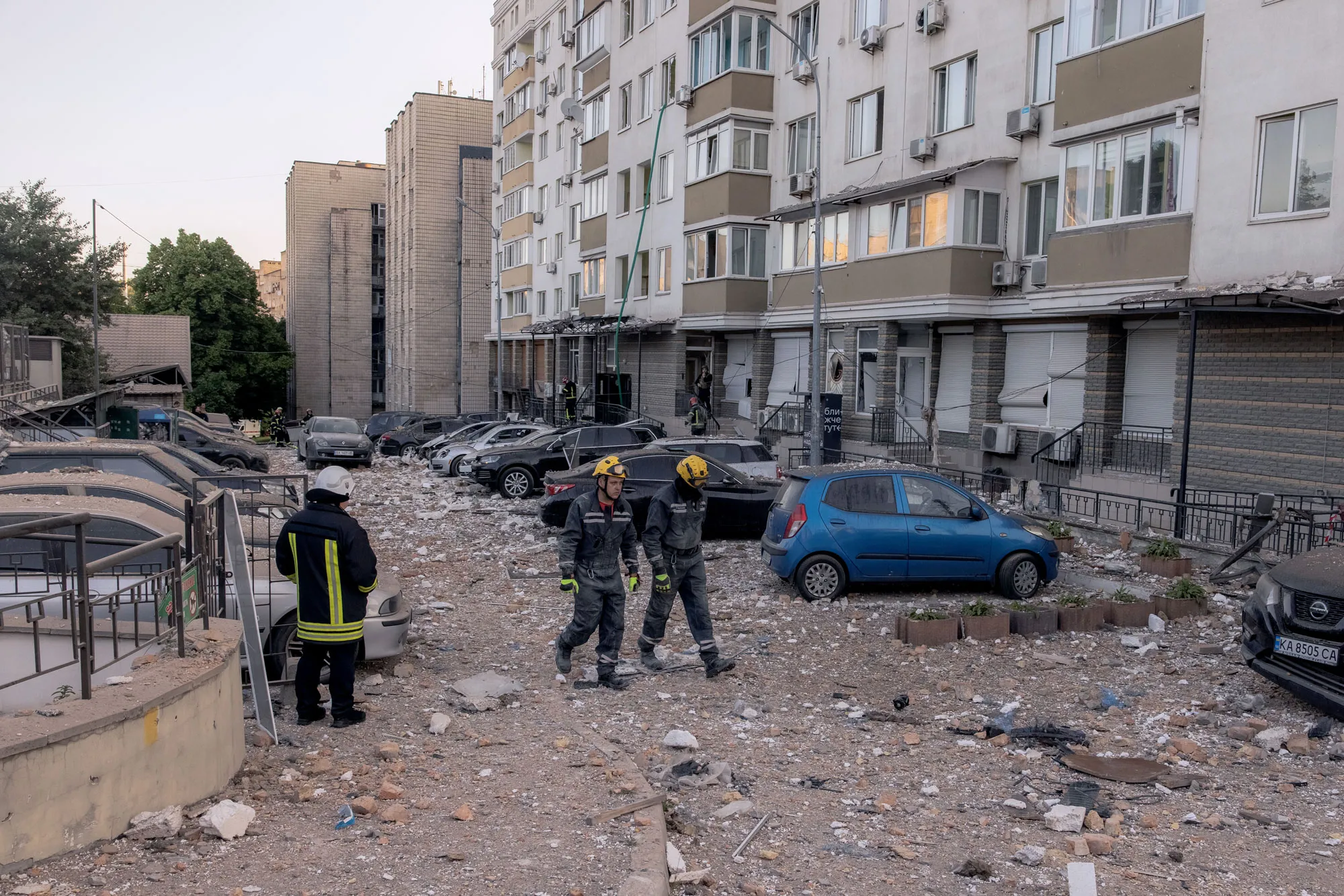 Emergency services at a site of a Russia drone attack in Kyiv, on May 30.