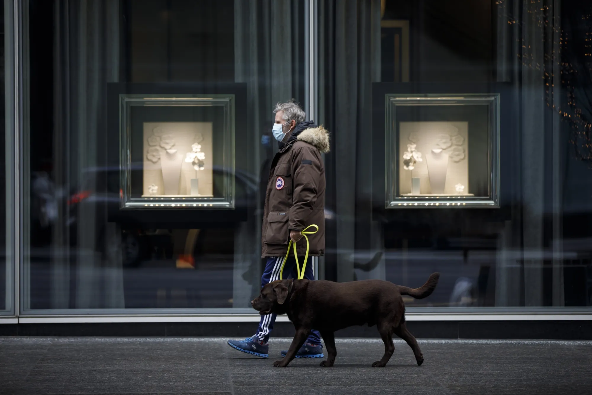 A man walks his dog past a Toronto jewelry store in January. Retail sales fell 1.1% on the month, with many businesses closed because of Covid-19.