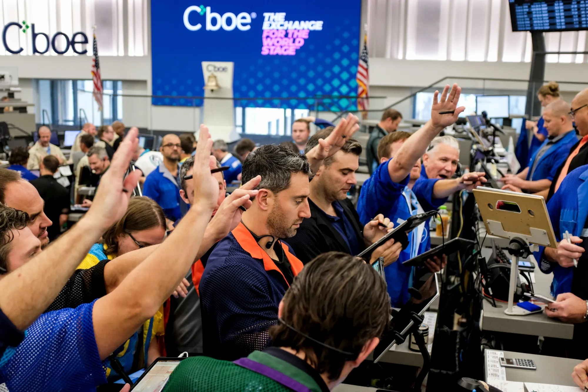 Traders at at the Cboe Global Markets exchange in Chicago ahead of Nvidia’s earnings.
