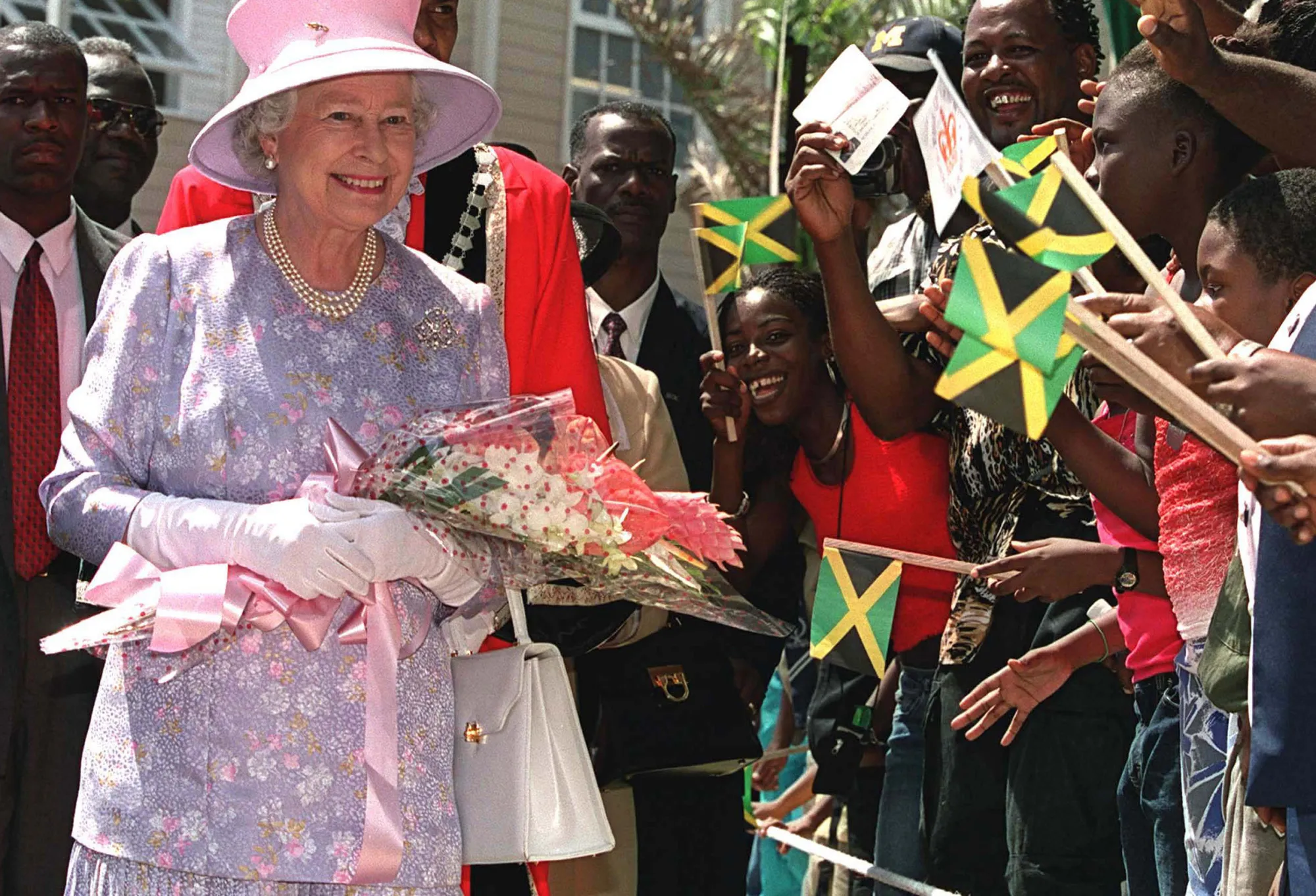 Queen Elizabeth on a visit to Montego Bay, Jamaica, on Feb. 20, 2002.

