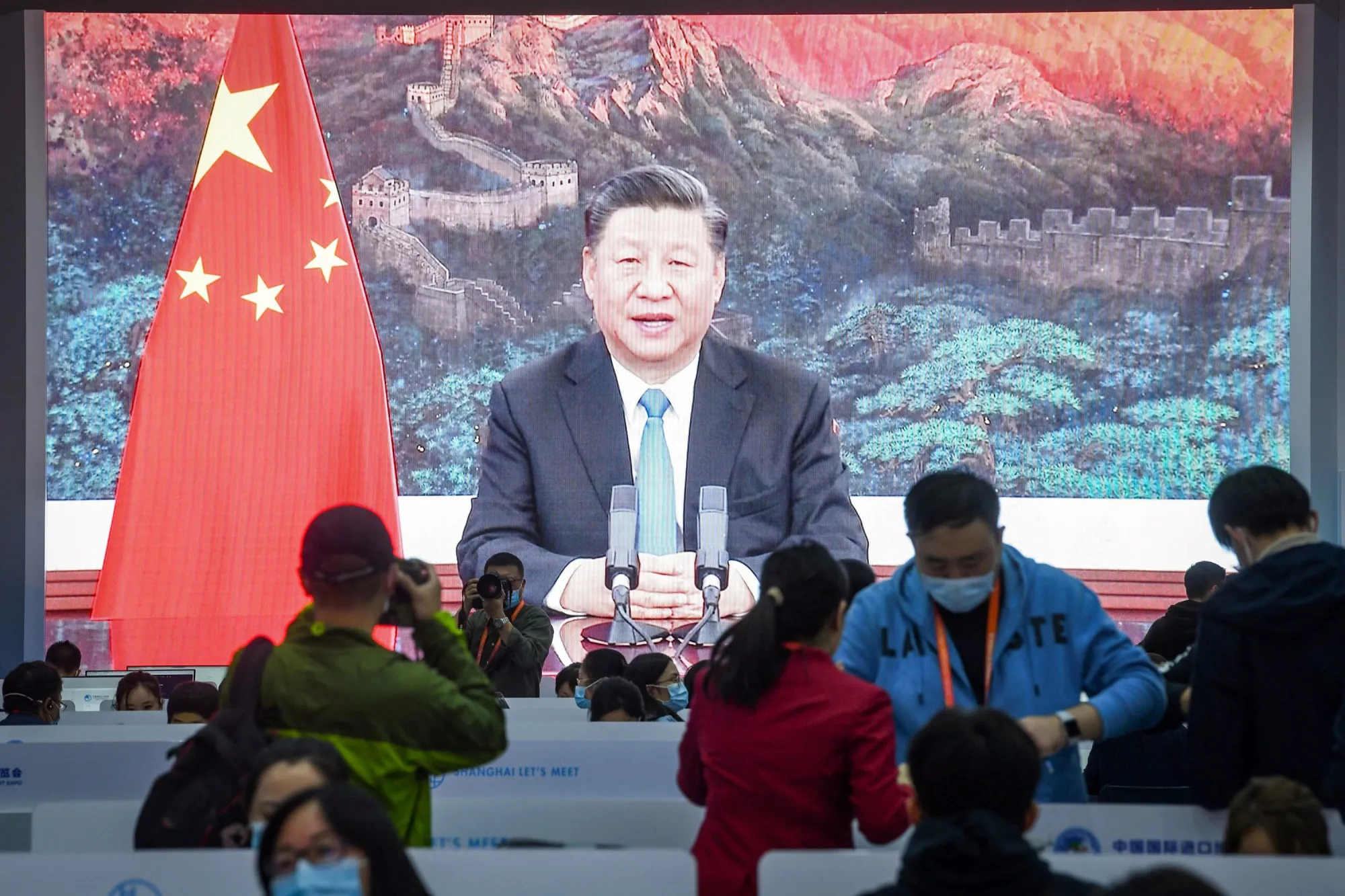 President Xi Jinping speaks via video at the China International Import Expo in Shanghai on Wednesday.&nbsp;His speech would be hours after polls close in the U.S.