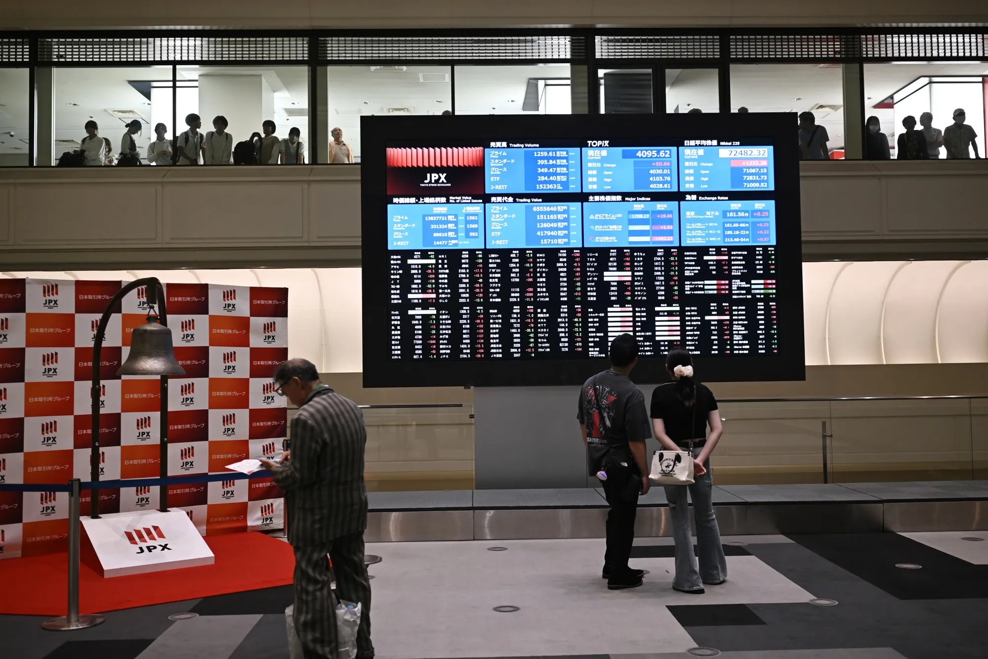 Share prices displayed on a screen at the Tokyo Stock Exchange (TSE) building, operated by Japan Exchange Group Inc. (JPX), in Tokyo, Japan.