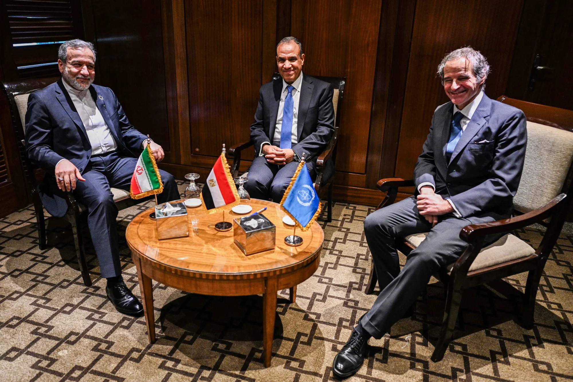 Badr Abdelatty, center, with Abbas Araghchi, left, and Rafael Grossi, in Cairo, on June 2.