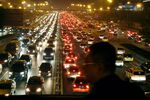 A heavy traffic jam is seen on the road in Beijing, China.
