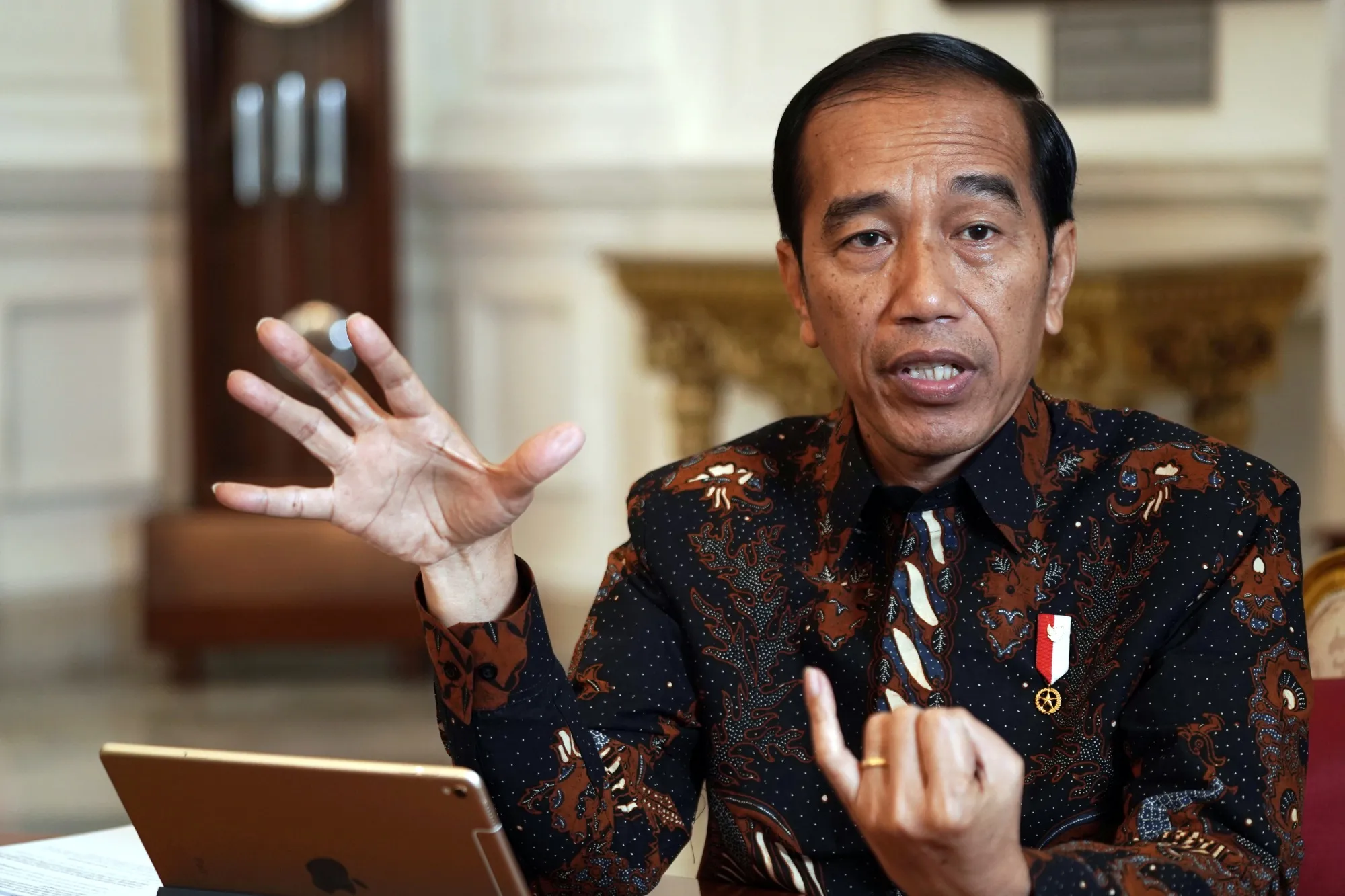 Joko Widodo speaks during an interview in Jakarta, on July 12.
