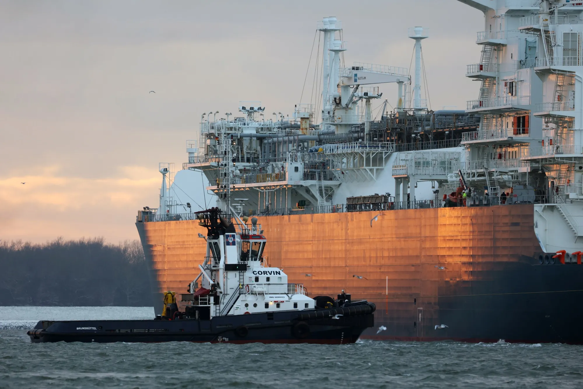 A floating storage regasification unit at the Wilhemshaven LNG Terminal in Wilhelmshaven, Germany.