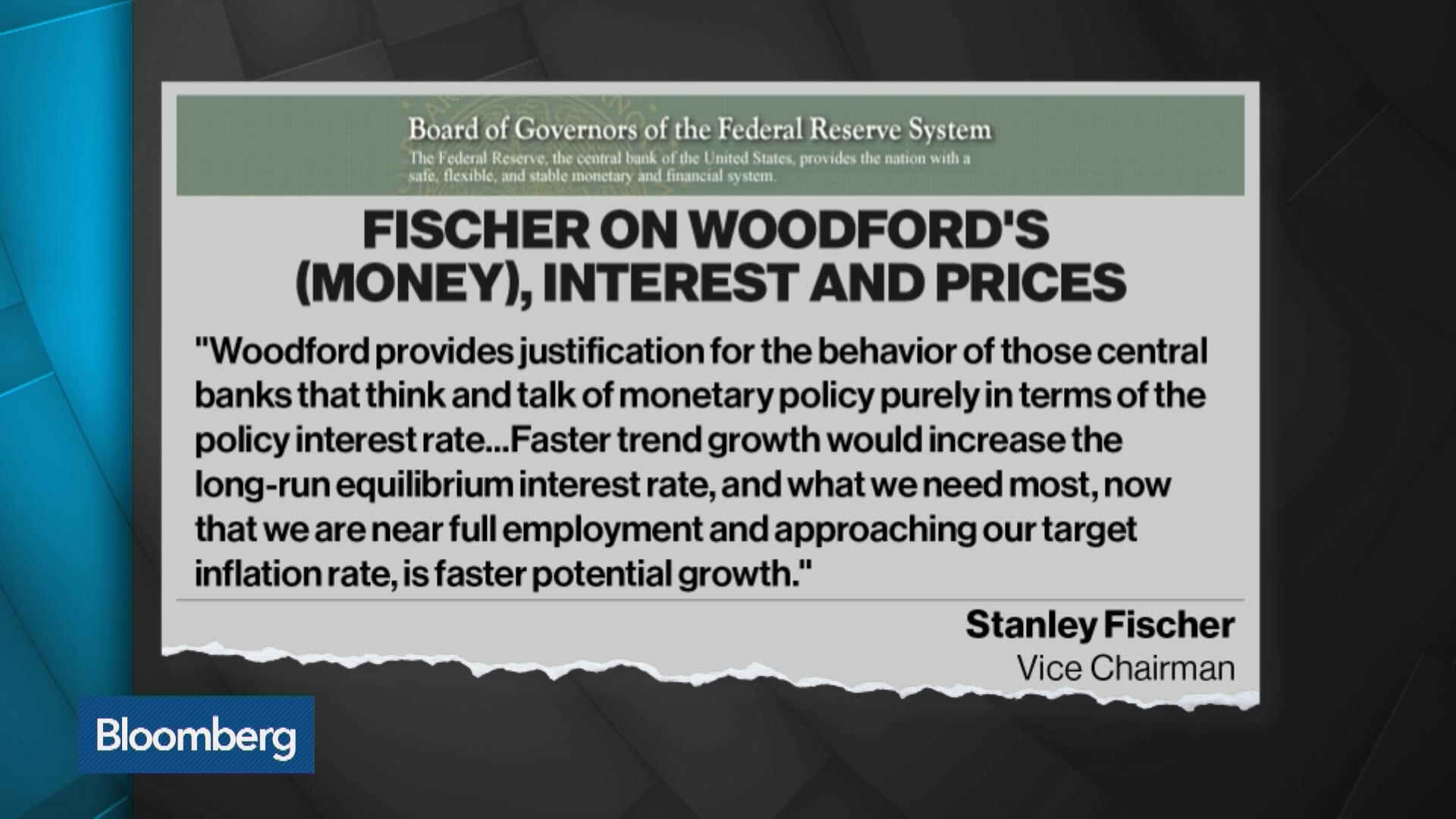 Watch Fischer on Woodford's (Money), Interest and Prices Bloomberg