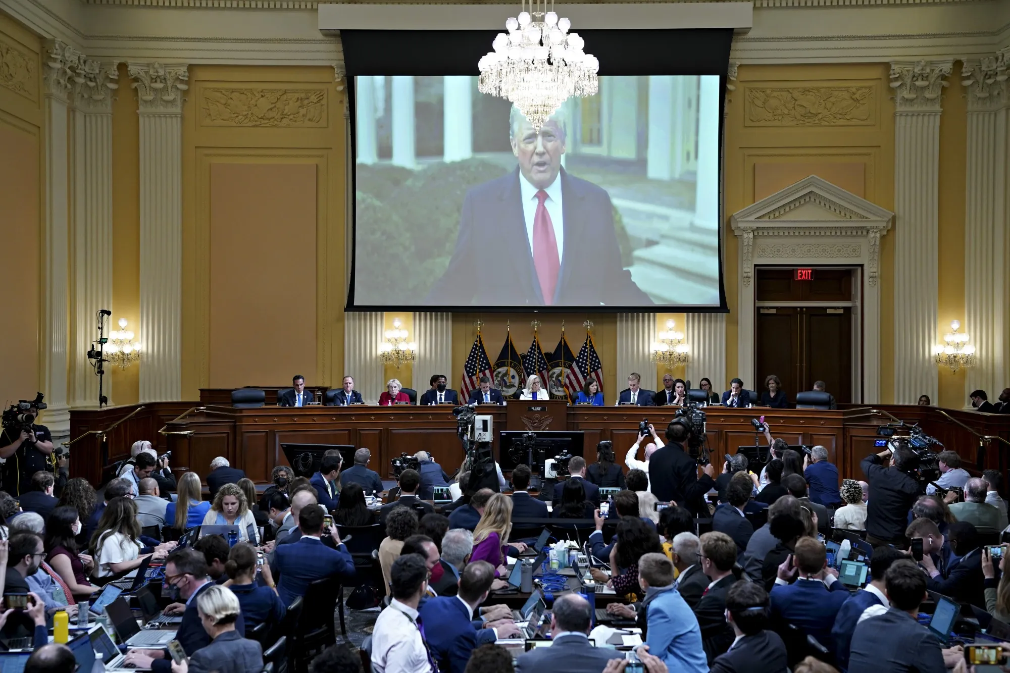 A video of former President Donald Trump played on a screen during a hearing of the Select Committee to Investigate the January 6th Attack on the US Capitol in Washington, D.C., on July 21.