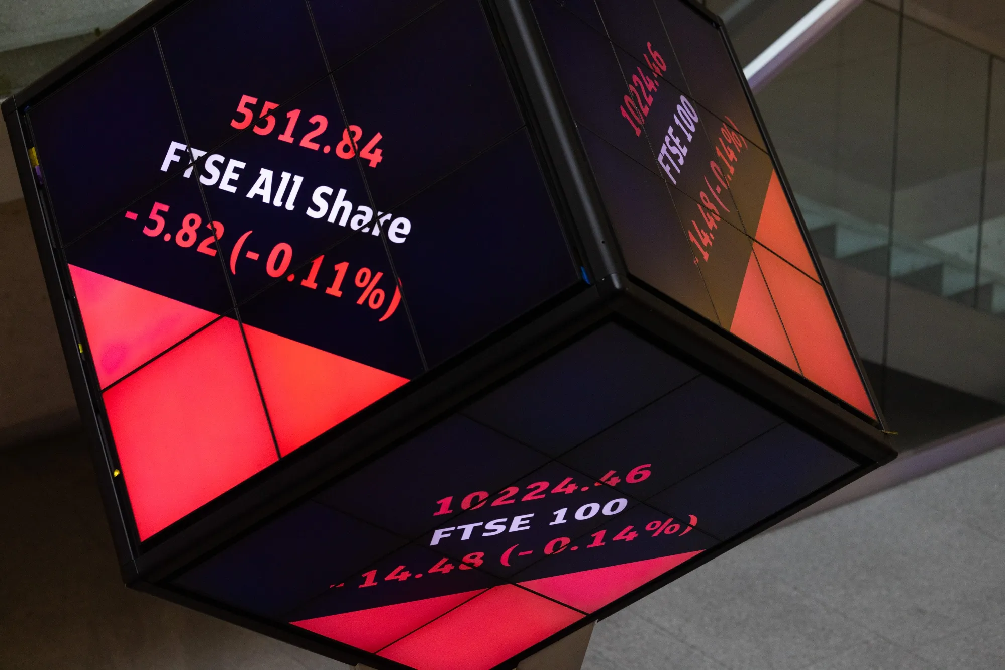 Stock price information displayed on a board at the London Stock Exchange Group Plc office atrium in the City of London, UK