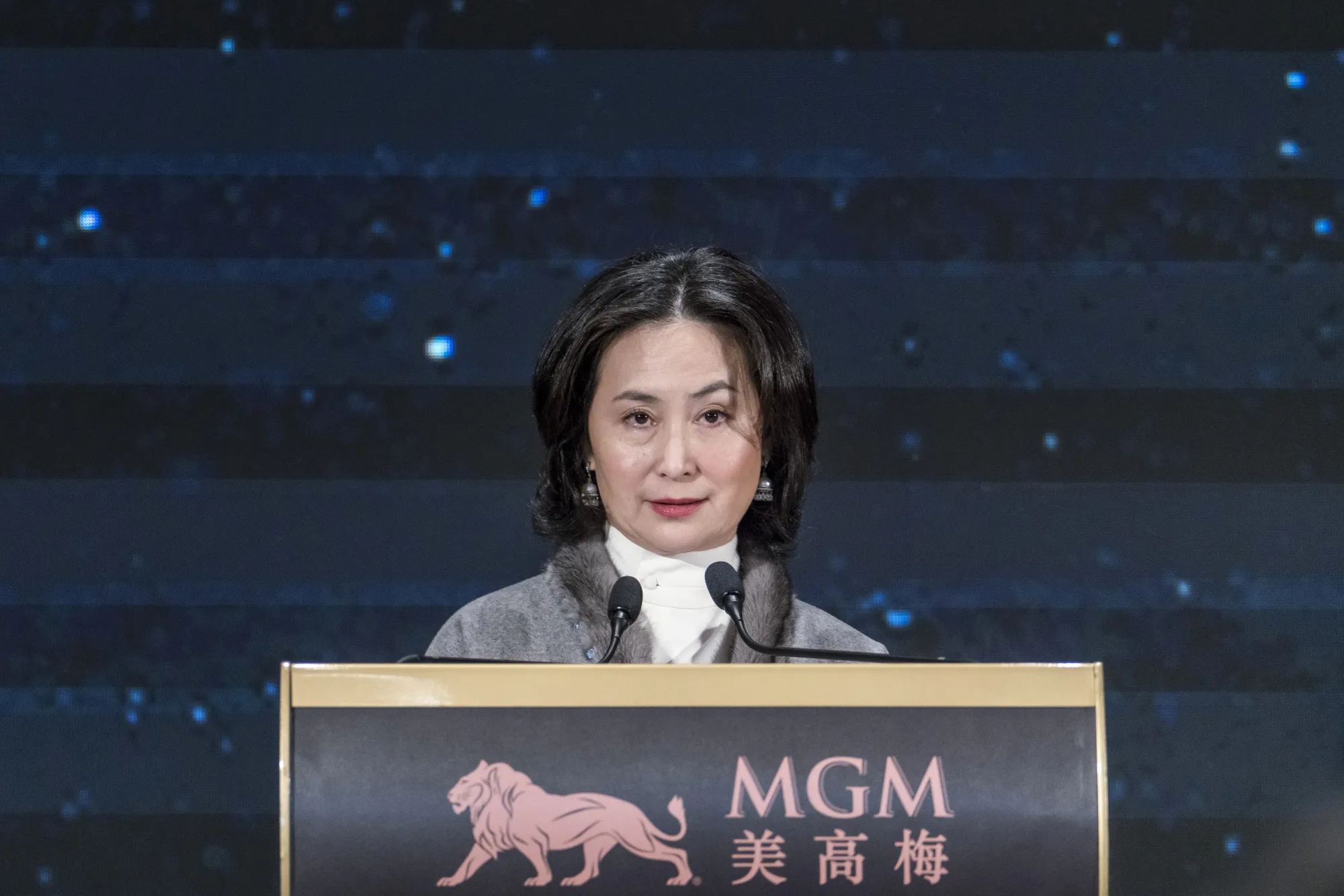 Pansy Ho, co-chairman of MGM China Holdings Ltd., speaks during a news conference at the MGM Cotai casino resort, developed by MGM China, in Macau, China, on Tuesday, Feb. 13, 2018. MGM Resorts International’s debut of its $3.4 billion property Tuesday is the latest bet on the world’s biggest casino hub, as licensing bids and China’s proposal to allow gambling on a nearby island cast uncertainties over Macau’s future.