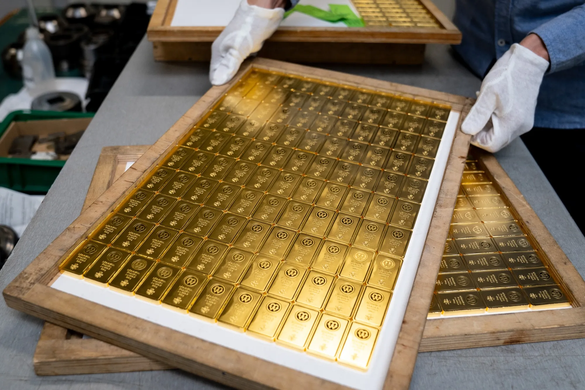 Trays of gold bars at the Polish mint in Warsaw, Poland.