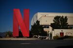 The Netflix logo is displayed at the entrance to Netflix Albuquerque Studios film and television production studio lot in New Mexico.