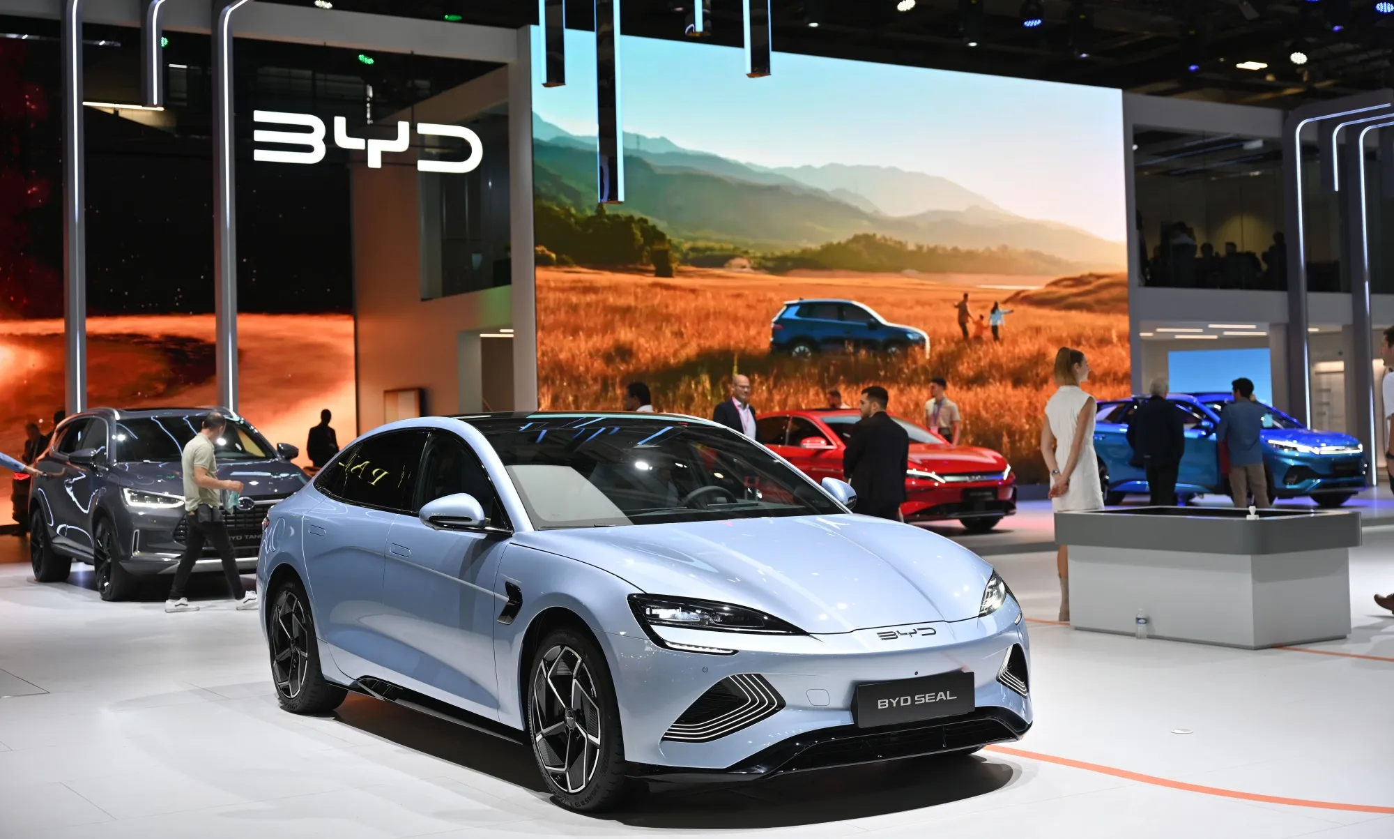 A China-built&nbsp;BYD Seal at the Paris auto show this month