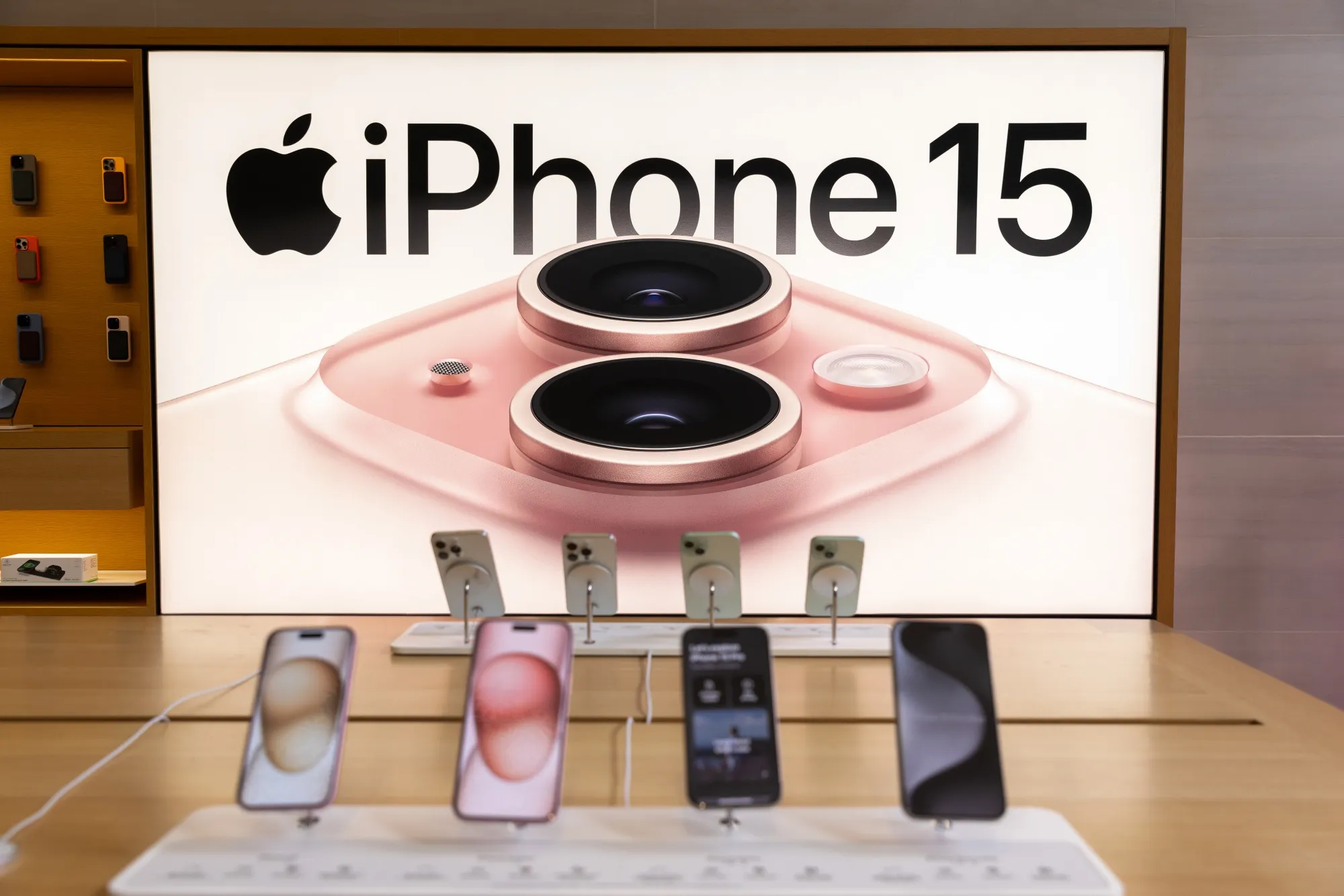New iPhone 15 smartphones on sale in London.