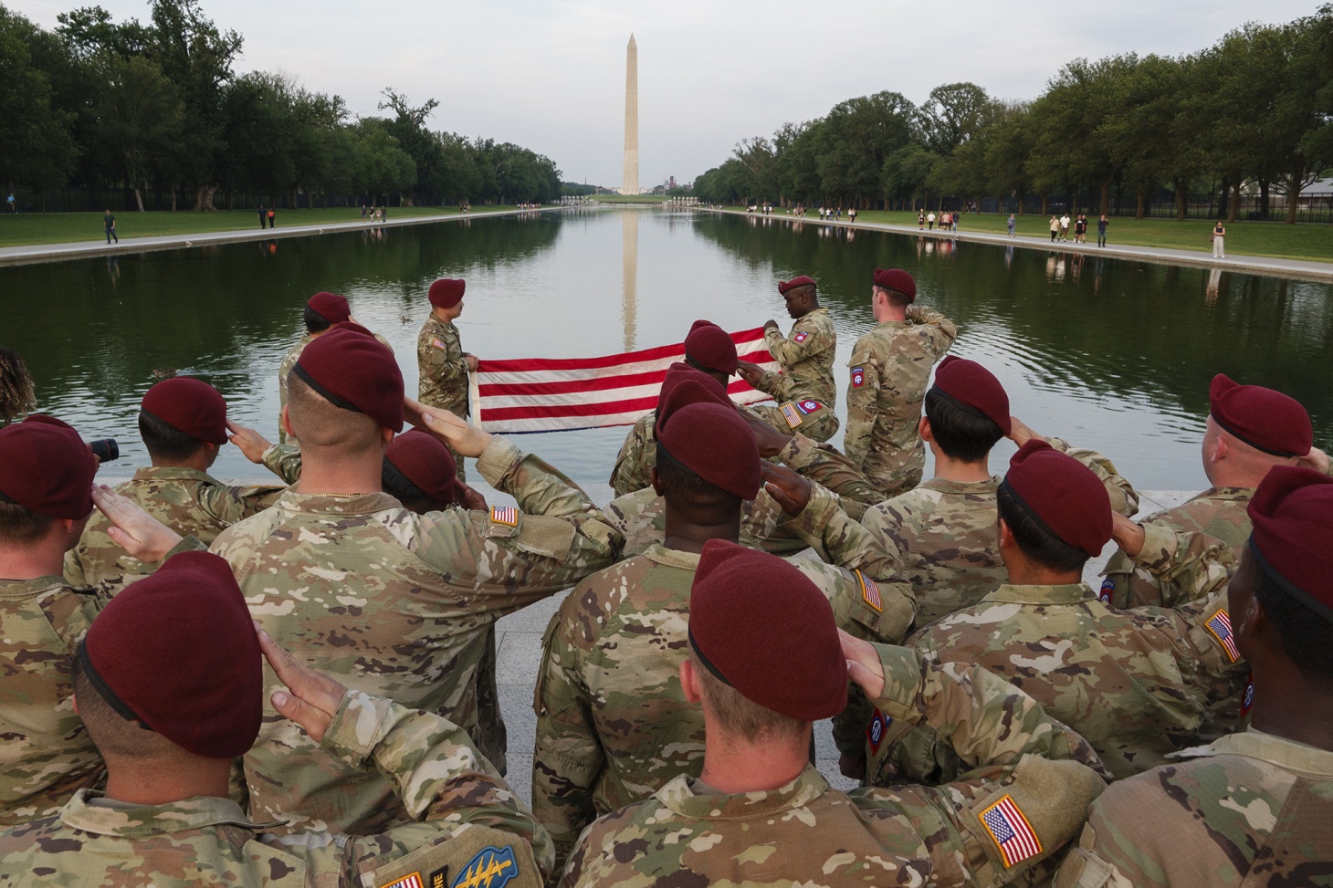 Army paratroopers from the 82nd Airborne Division based at Fort Bragg&nbsp;conduct a reenlistment ceremony near the Reflecting Pool&nbsp;in Washington on June 12.