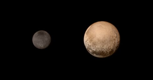 A portrait from the final approach to Pluto and Charon. Color data being returned by the spacecraft now will update these images, bringing color contrast into sharper focus.