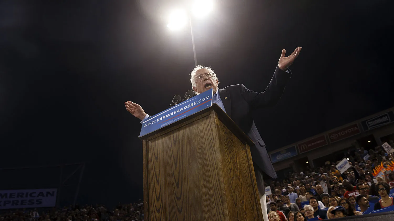 Senator Bernie Sanders speaks during a campaign event in Carson, California, on May 17, 2016.
