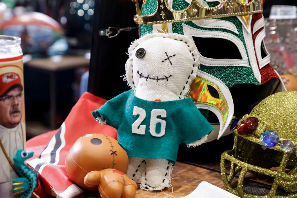 A display of prayer candles, tarot cards and&nbsp;other items for both the Philadelphia&nbsp;Eagles and the Kansas City Chiefs inside of the Ernest N. Morial Convention Center prior to Super Bowl LIX.