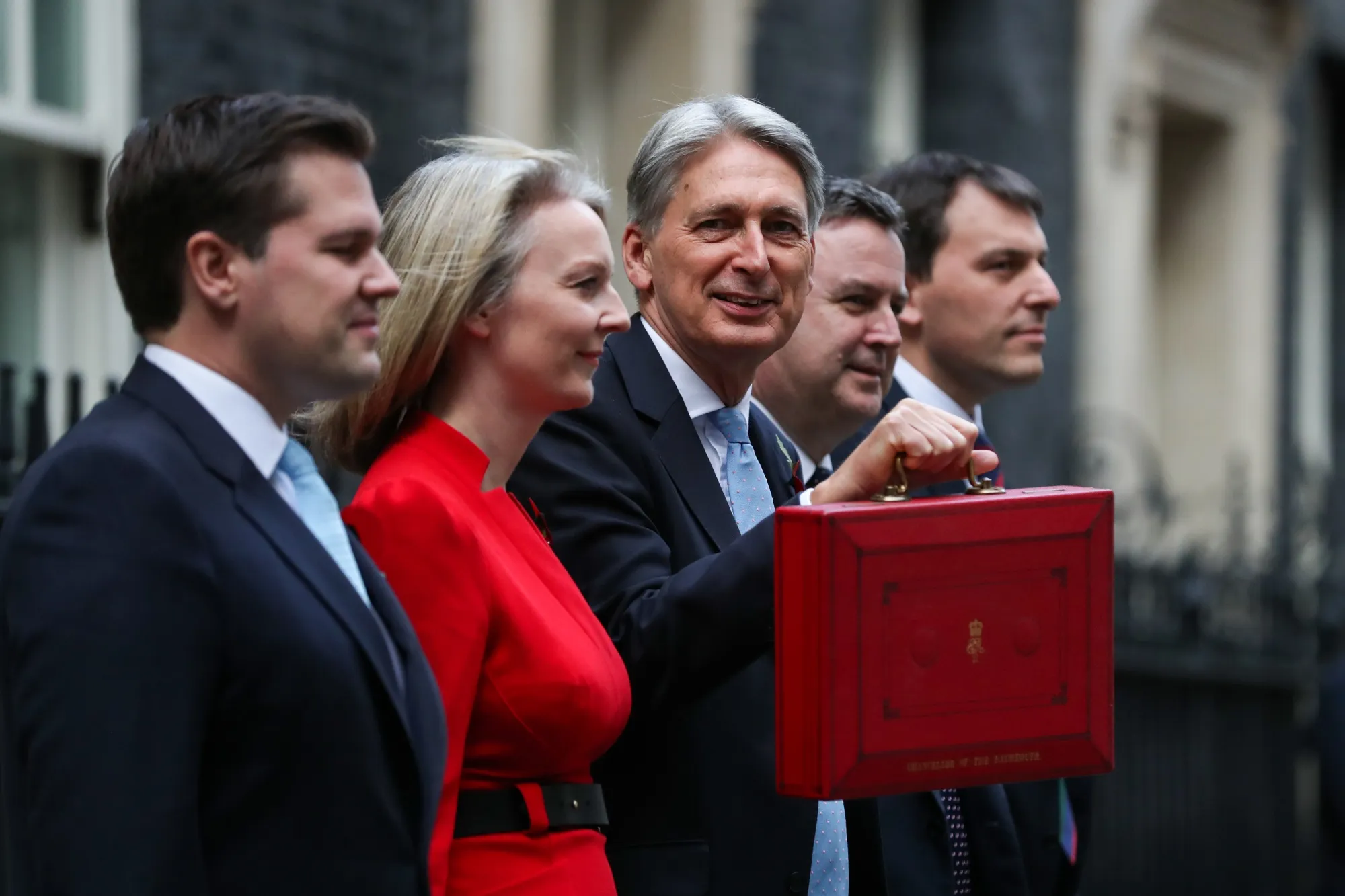 Philip Hammond holds the dispatch box containing the budget outside 11 Downing Street&nbsp;in London on Oct. 29.