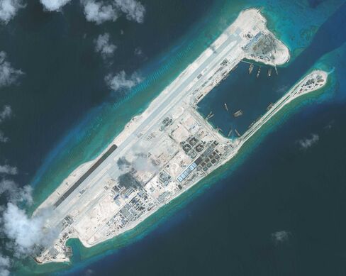 The nearly completed construction within the Fiery Cross Reef located in the South China Sea.