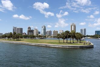 The Mooring Field and skyline view at the harbor entrance to St Petersburg Florida