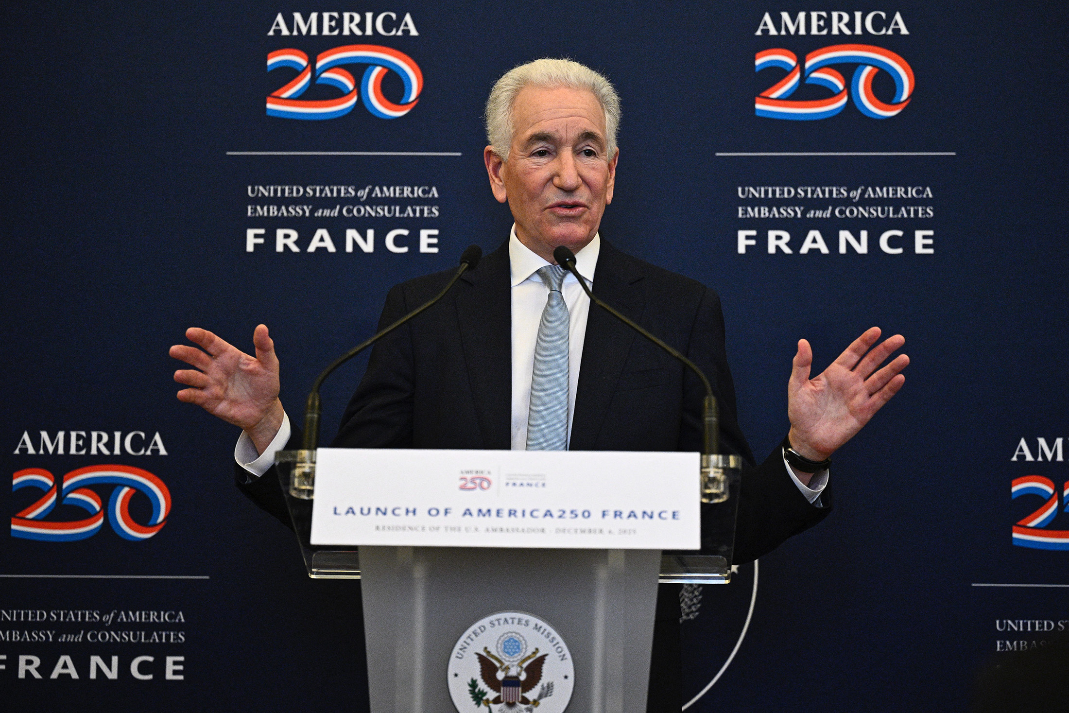 Charles Kushner, US ambassador to France, speaks during the official launch of America 250, at the US embassy in Paris, France, on Dec. 4, 2025. Photographer: Julien de Rosa/AFP/Getty Images