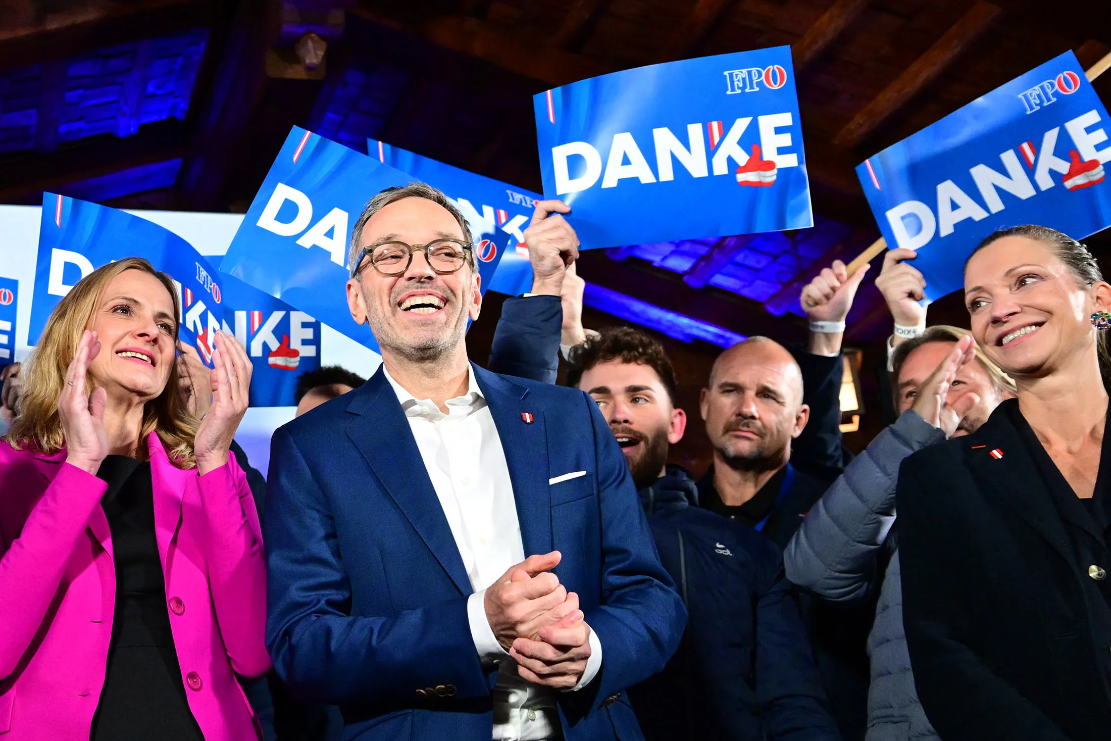 Herbert Kickl, center, celebrates&nbsp;with supporters at the party's election night rally&nbsp;following exit polls in Vienna, Austria on Sept.&nbsp;29.