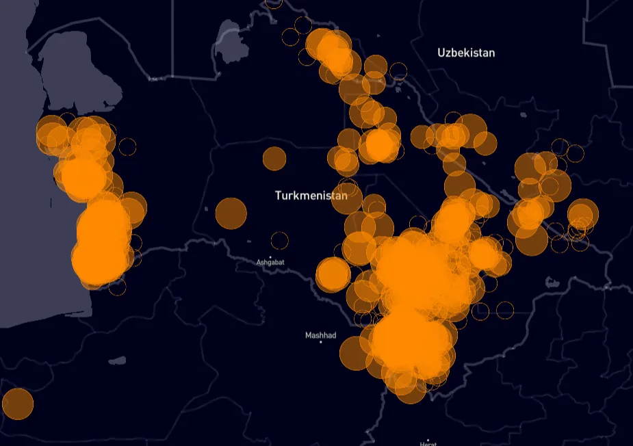 Methane emissions observed by satellite over Turkmenistan between 2019 and present.