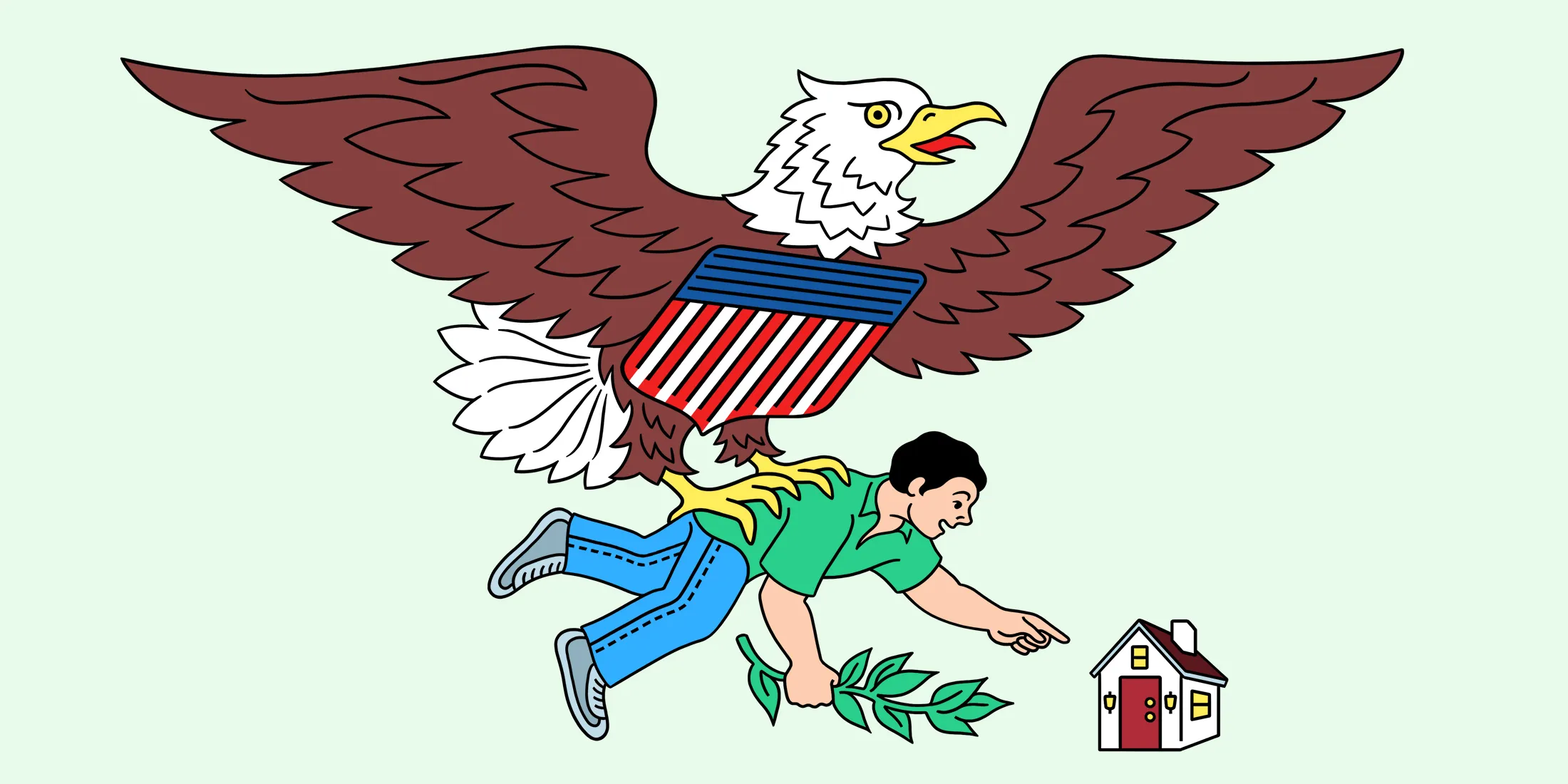 Illustration of an eagle carrying a person pointing at a house