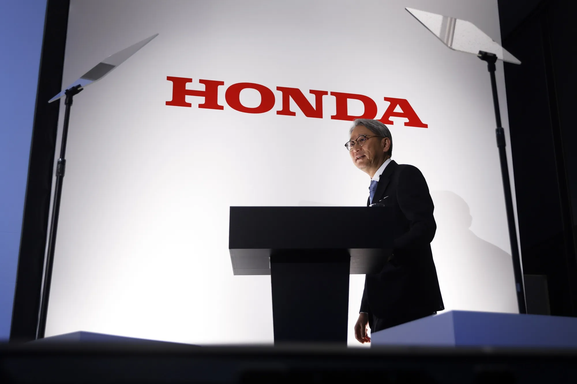 Toshihiro Mibe at a media briefing on April 26.