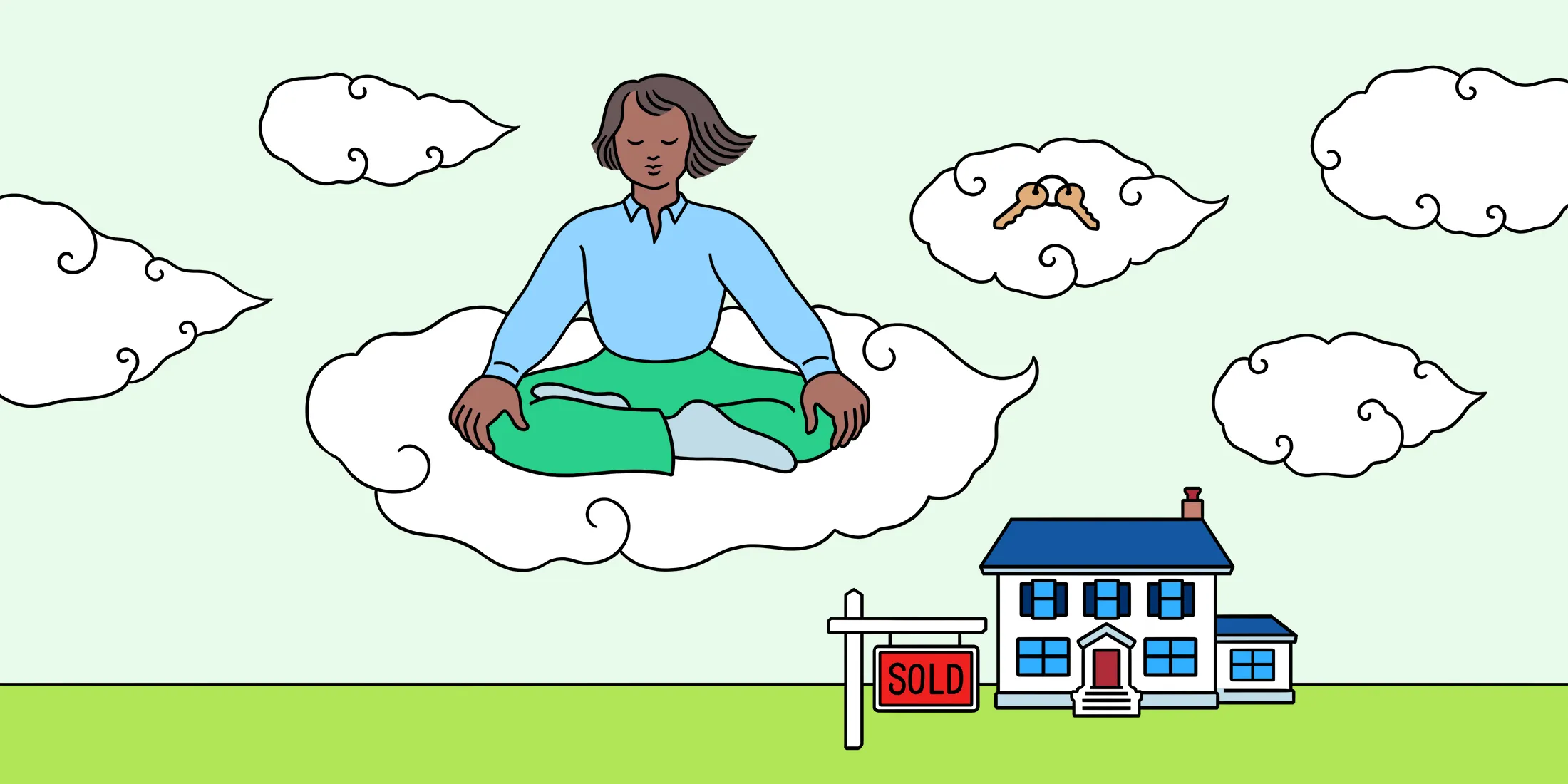 illustration of a person meditating on a cloud above a sold house