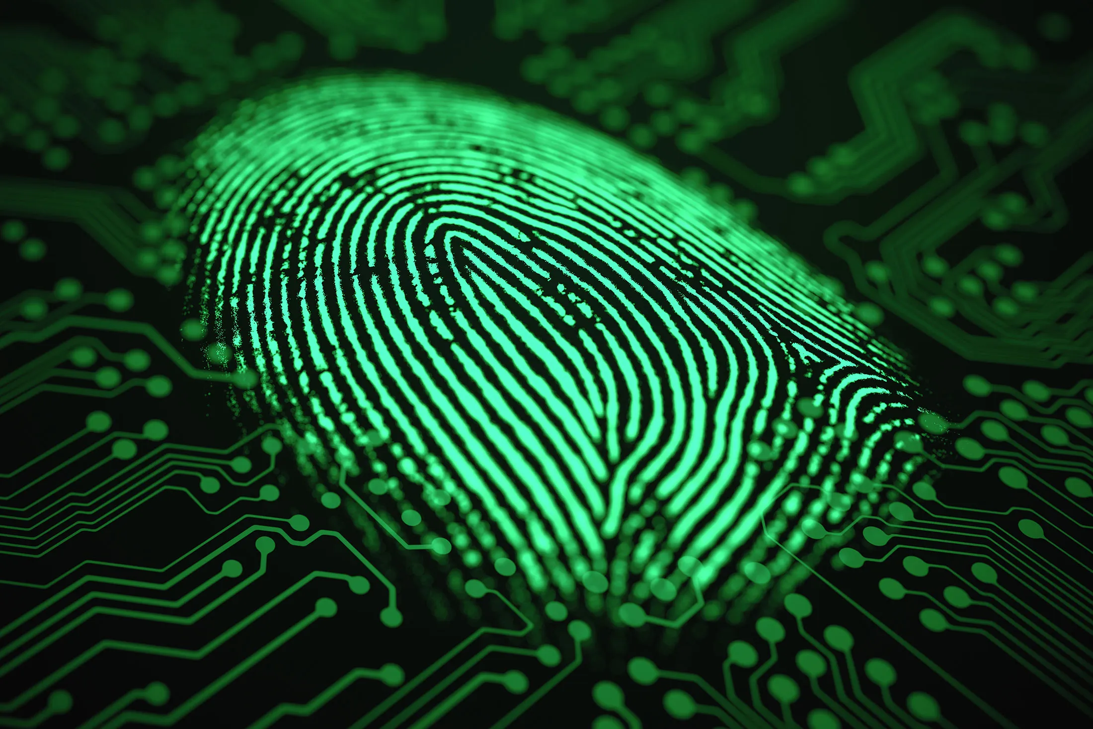 3D illustration. Fingerprint integrated in a printed circuit.