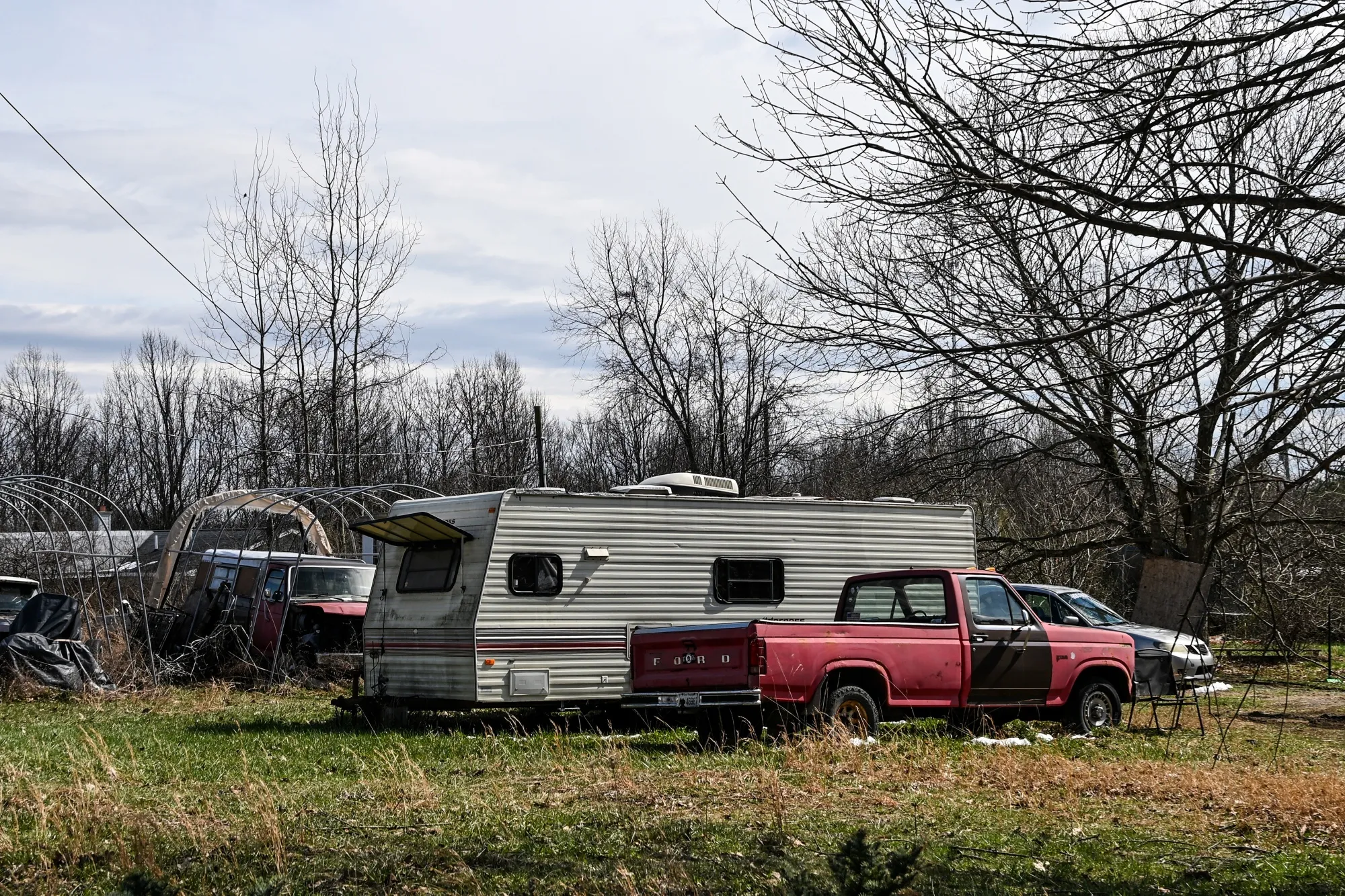 A recreational vehicle (RV) and pickup truck in Morgantown, West Virginia, US.