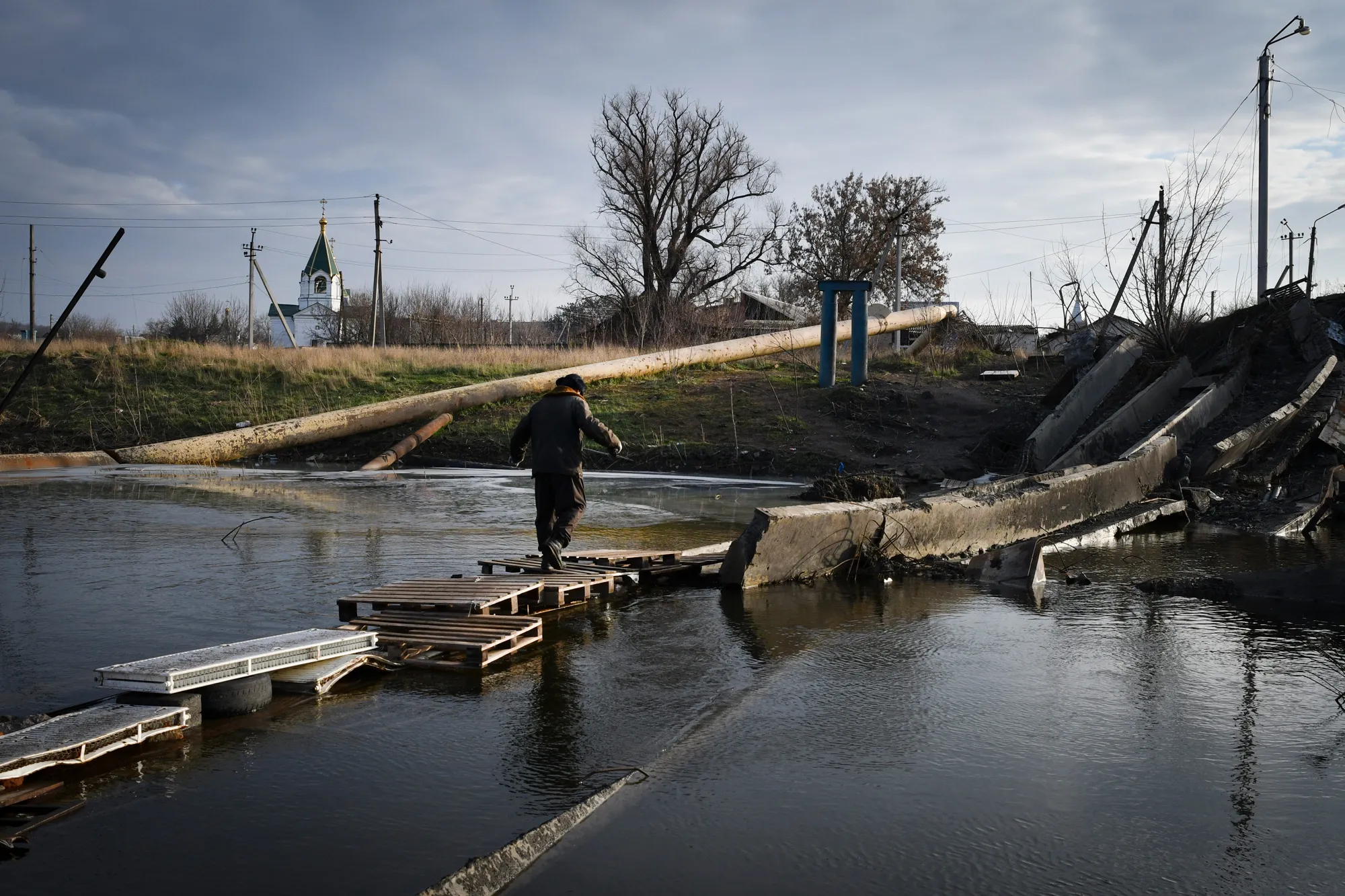 A destroyed bridge in Bakhmut, Ukraine.