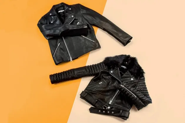 Both jackets are plenty warm, thanks to the heavy Italian and South American leather, here in the men’s Lautner ($585, left). The lamb fur collar on the Rainier jacket ($685) can be zipped off to create a sleeker look