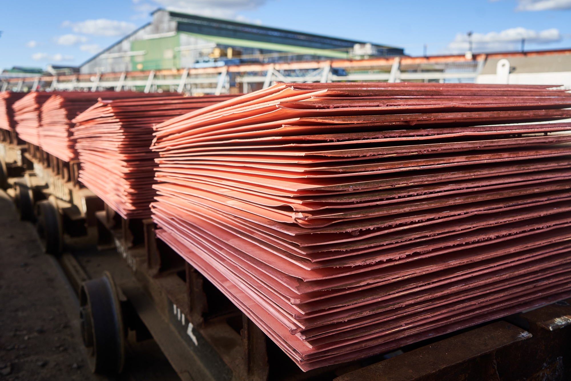 Copper plates at a refinery in Mufulira, Zambia. Photographer: Zinyange Auntony/Bloomberg