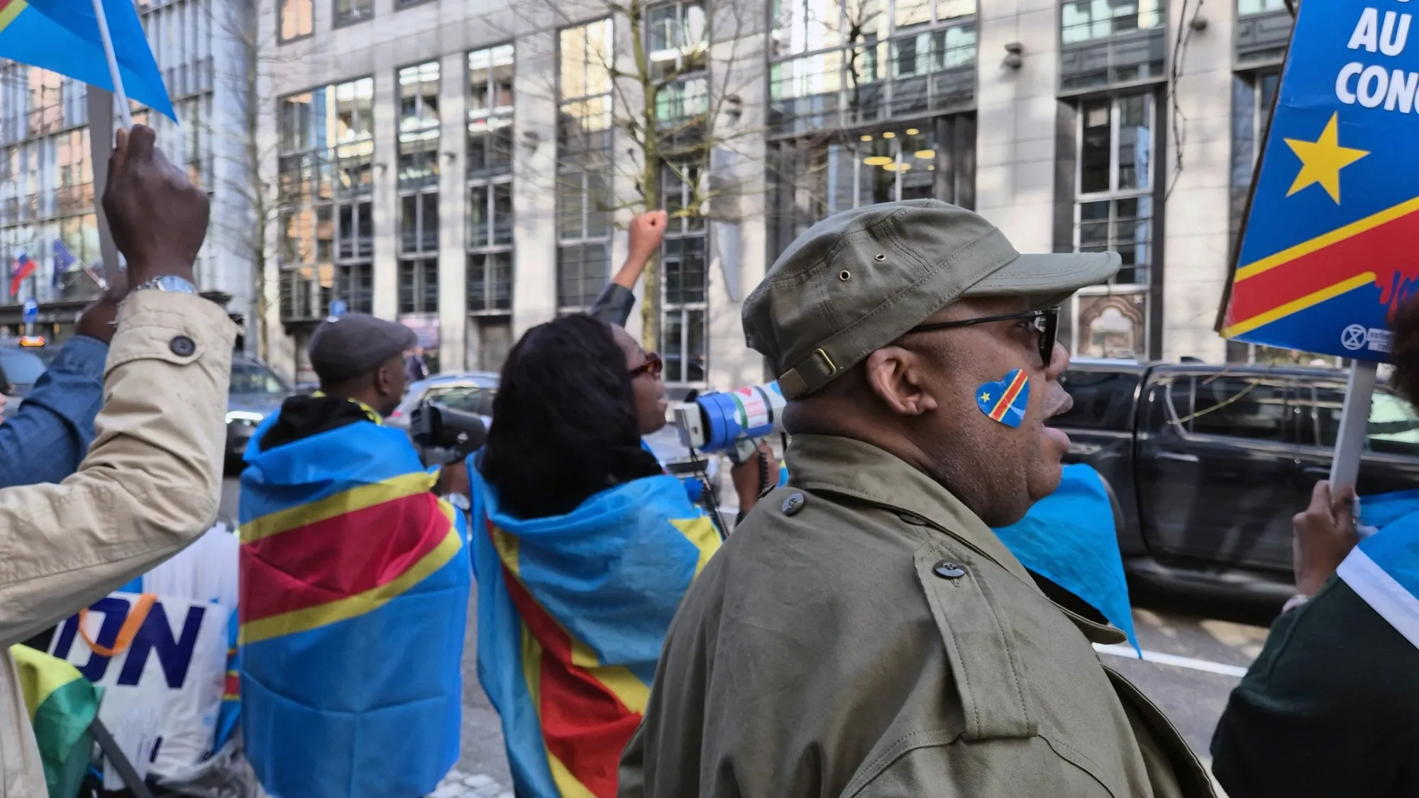 Protestors demonstrate against Rwanda's role in the conflict&nbsp;in eastern Congo, in Brussels, on March 7.