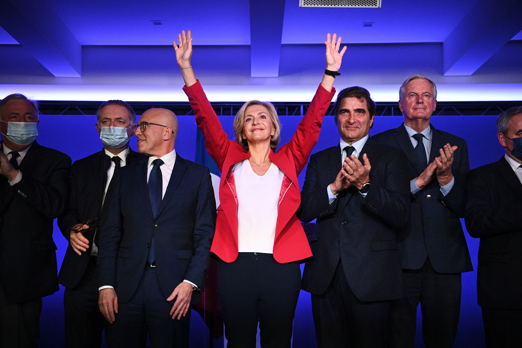 Valerie Pecresse, center, was named Les Republicains’s presidential candidate after a primary  in Paris, on Dec. 4. 