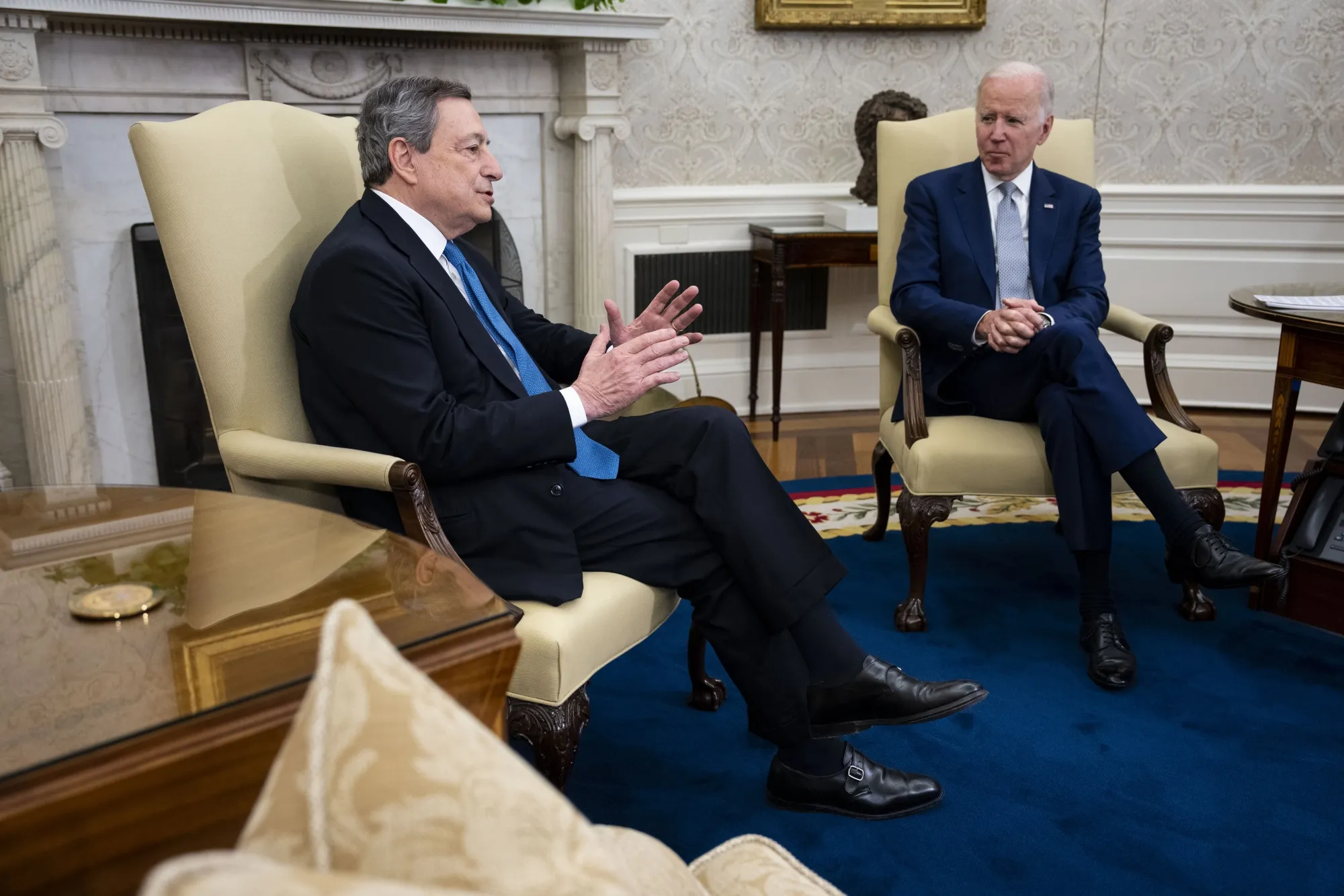 President Joe Biden, right, meets with&nbsp;Italian Prime Minister&nbsp;Mario Draghi&nbsp;in the Oval Office on&nbsp;May 10.