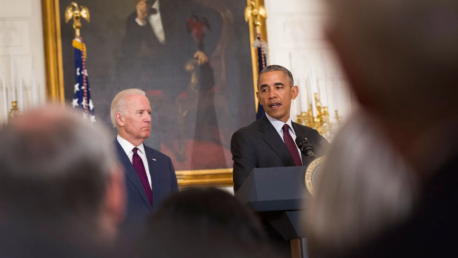 President Barack Obama, joined by Vice President Joe Biden, delivers remarks at the White House on March 30, 2016, in Washington.
