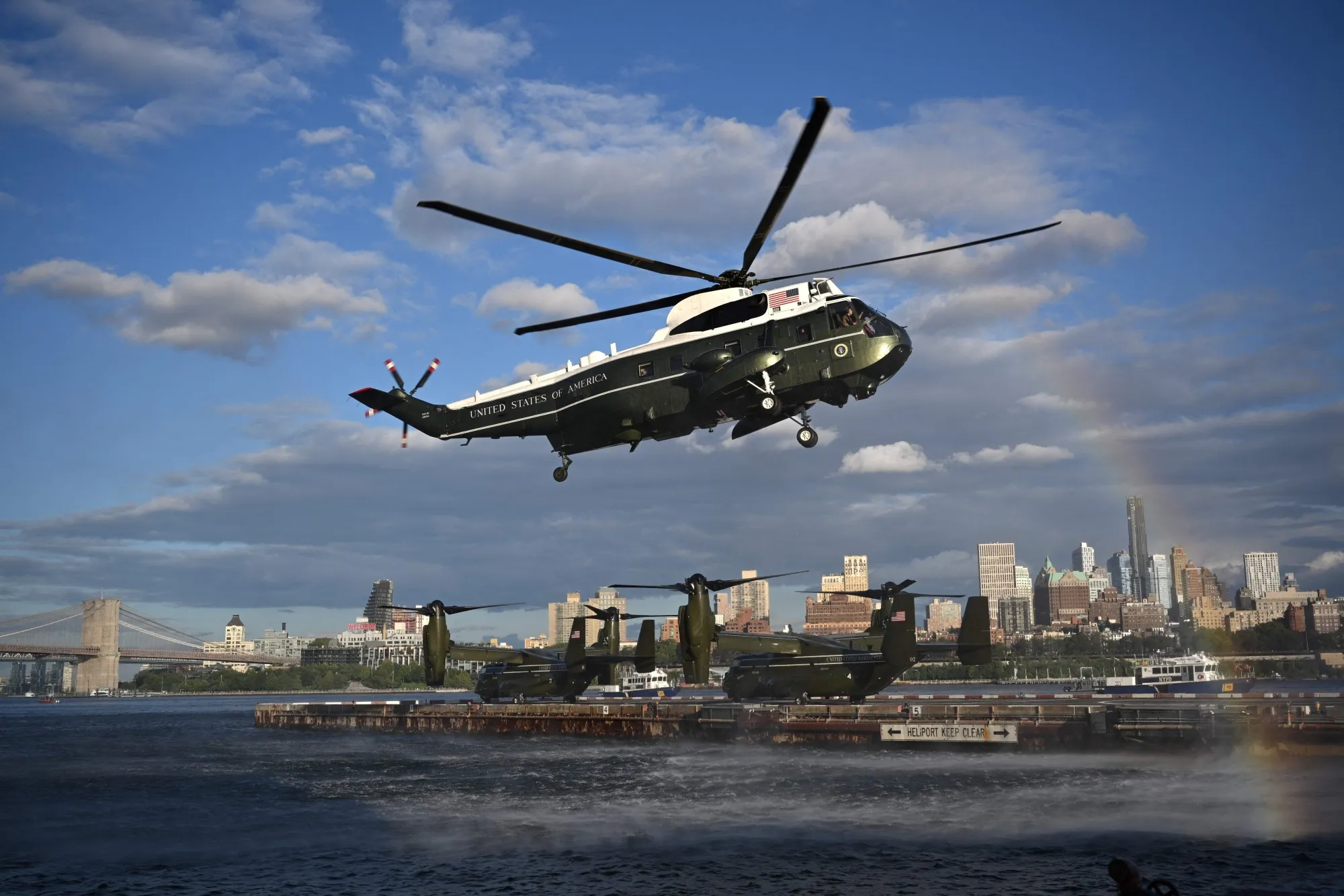 Marine One carrying President&nbsp;Biden lands at the Wall Street landing zone in lower Manhattan in New York on Sept.&nbsp;20.