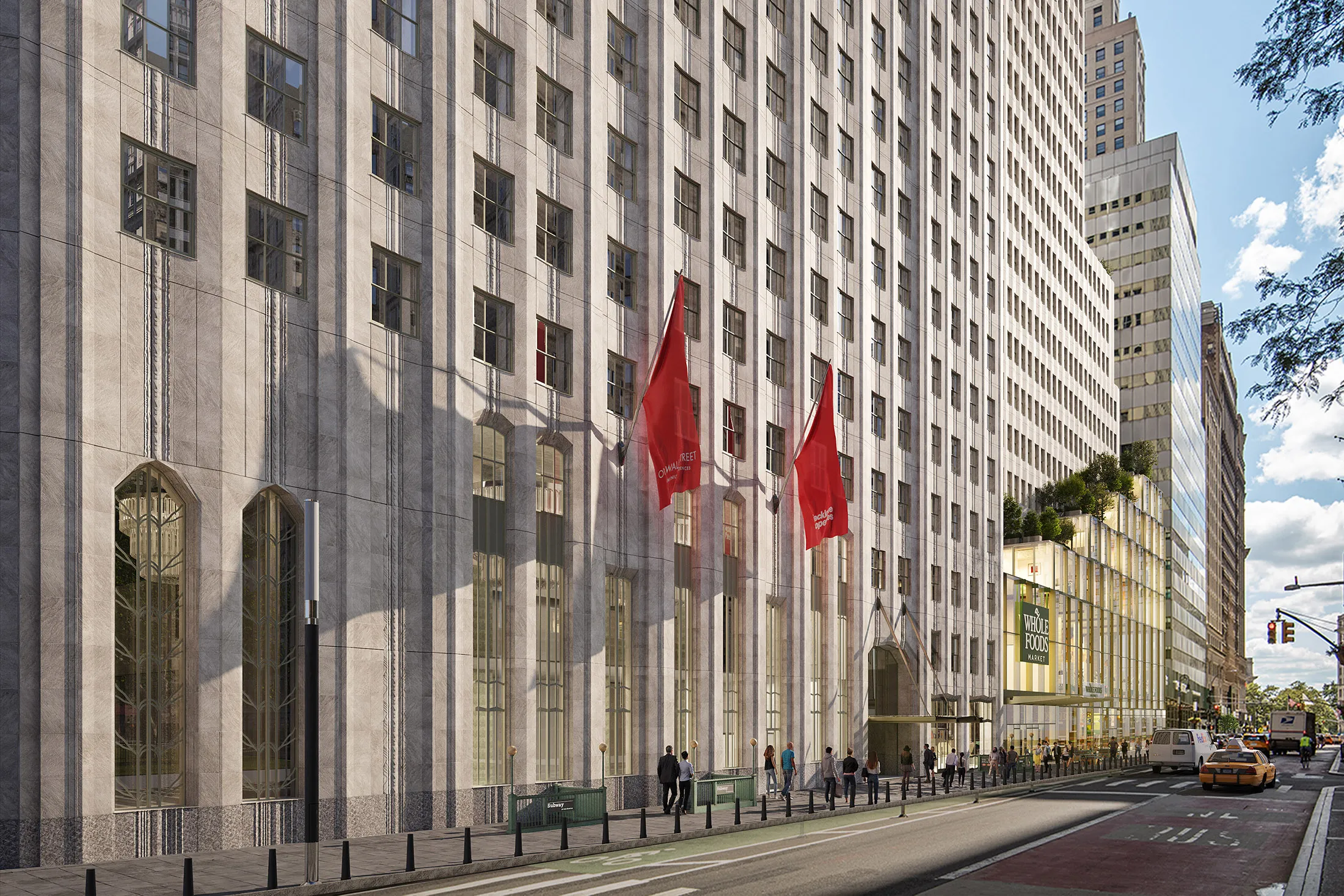 One Wall Street spans a block along Broadway and is home to a Whole Foods Market.