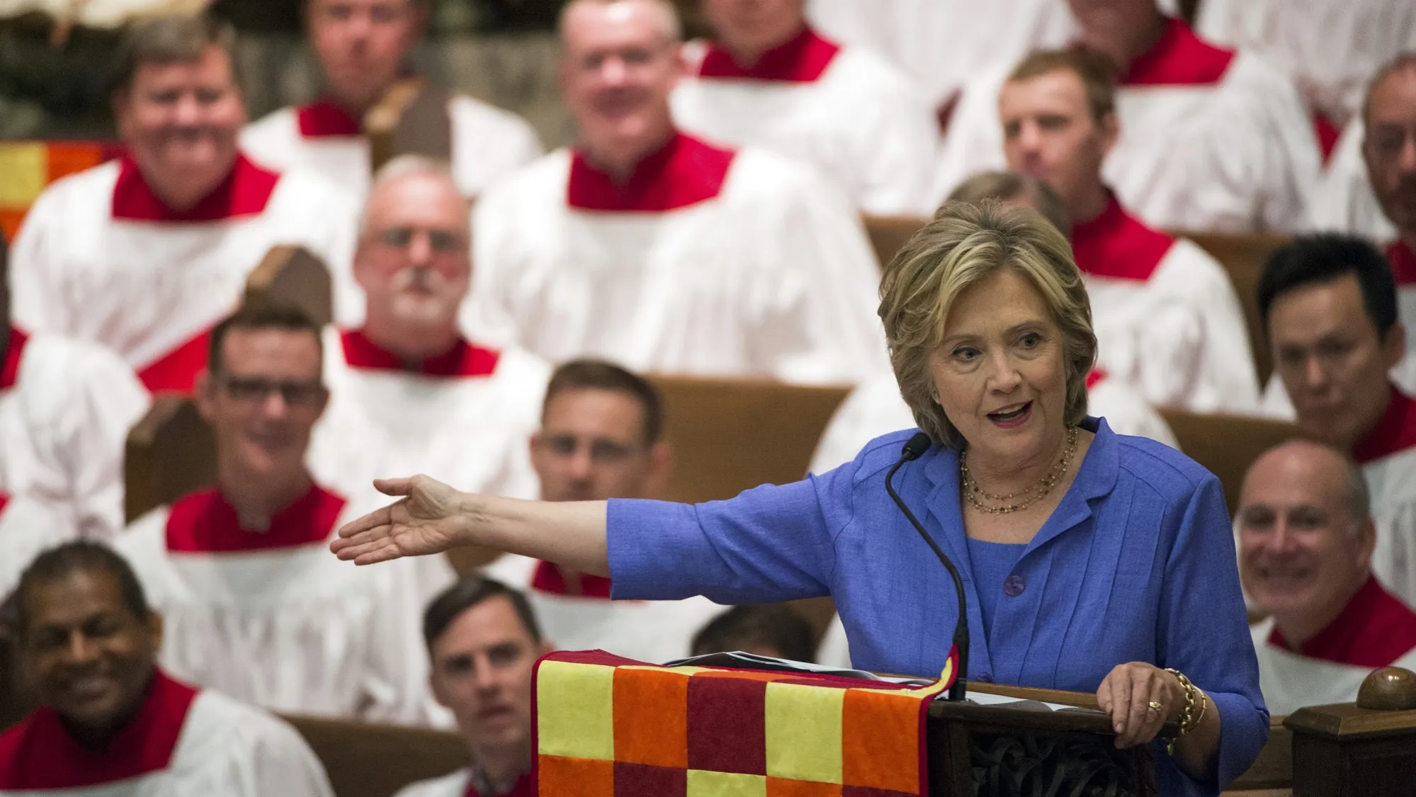 Democratic presidential candidate Hillary Rodham Clinton speaks while attending the Foundry United Methodist Church for their Bicentennial Homecoming Celebration, in Washington, Sunday, Sept. 13, 2015. During President Bill Clinton's presidency, the Clintons worshipped and participated regularly at Foundry.
