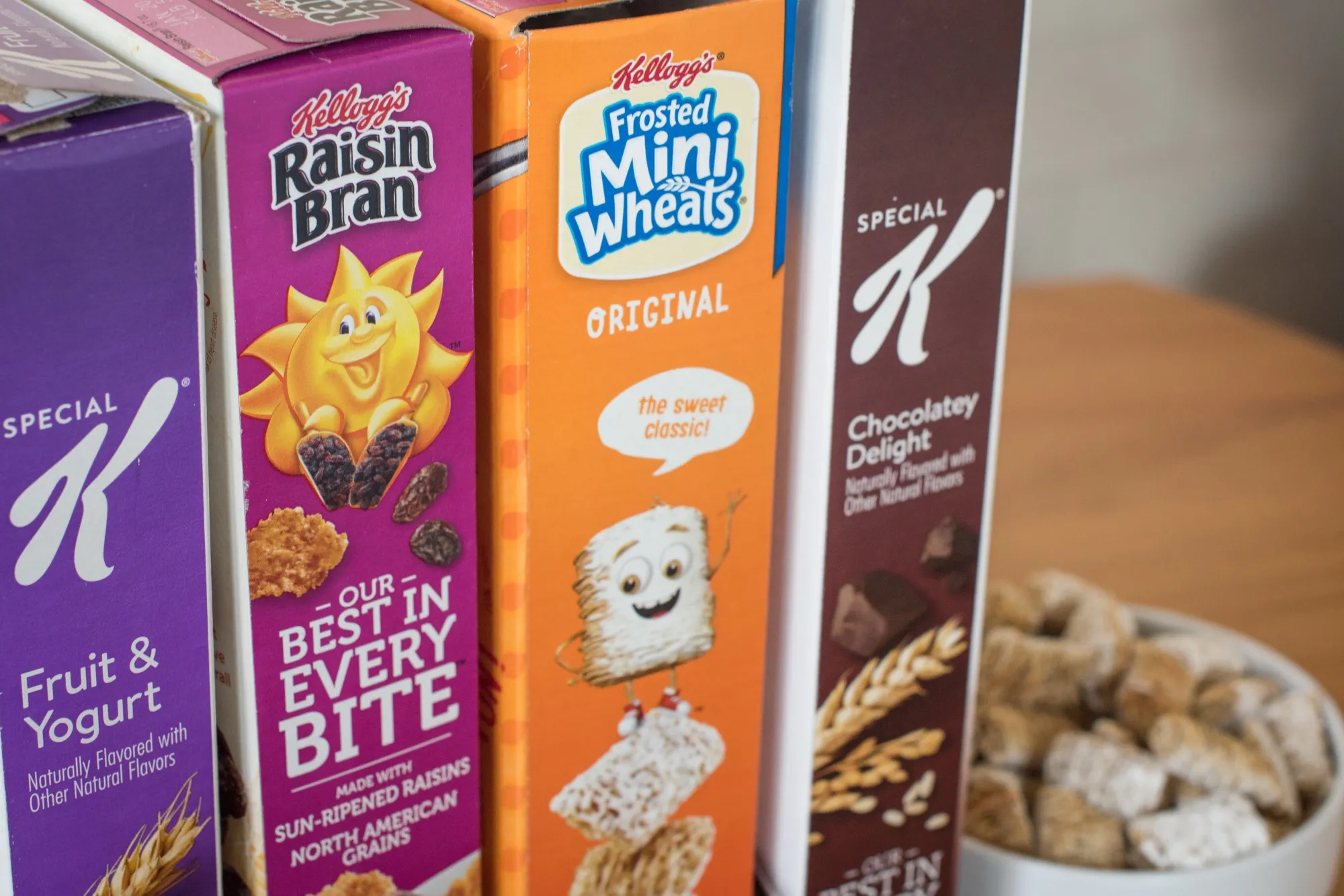 Boxes of Kellogg Co. Special K, Raisin Bran, and Frosted Mini Wheats brand breakfast cereals.