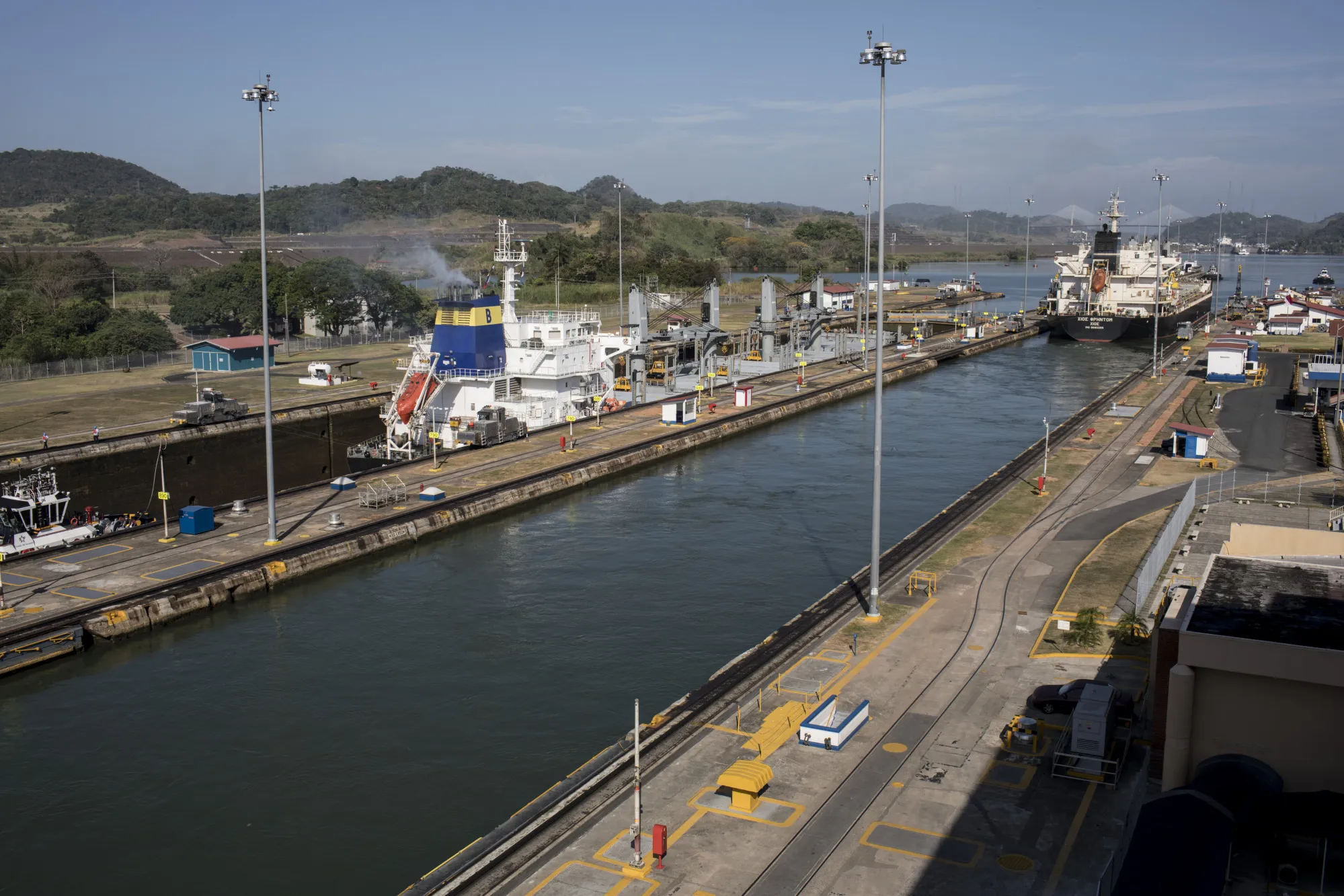 The 'Chios Freedom' bulk carrier vessel crosses the Miraflores Locks of the Panama Canal in Panama City.