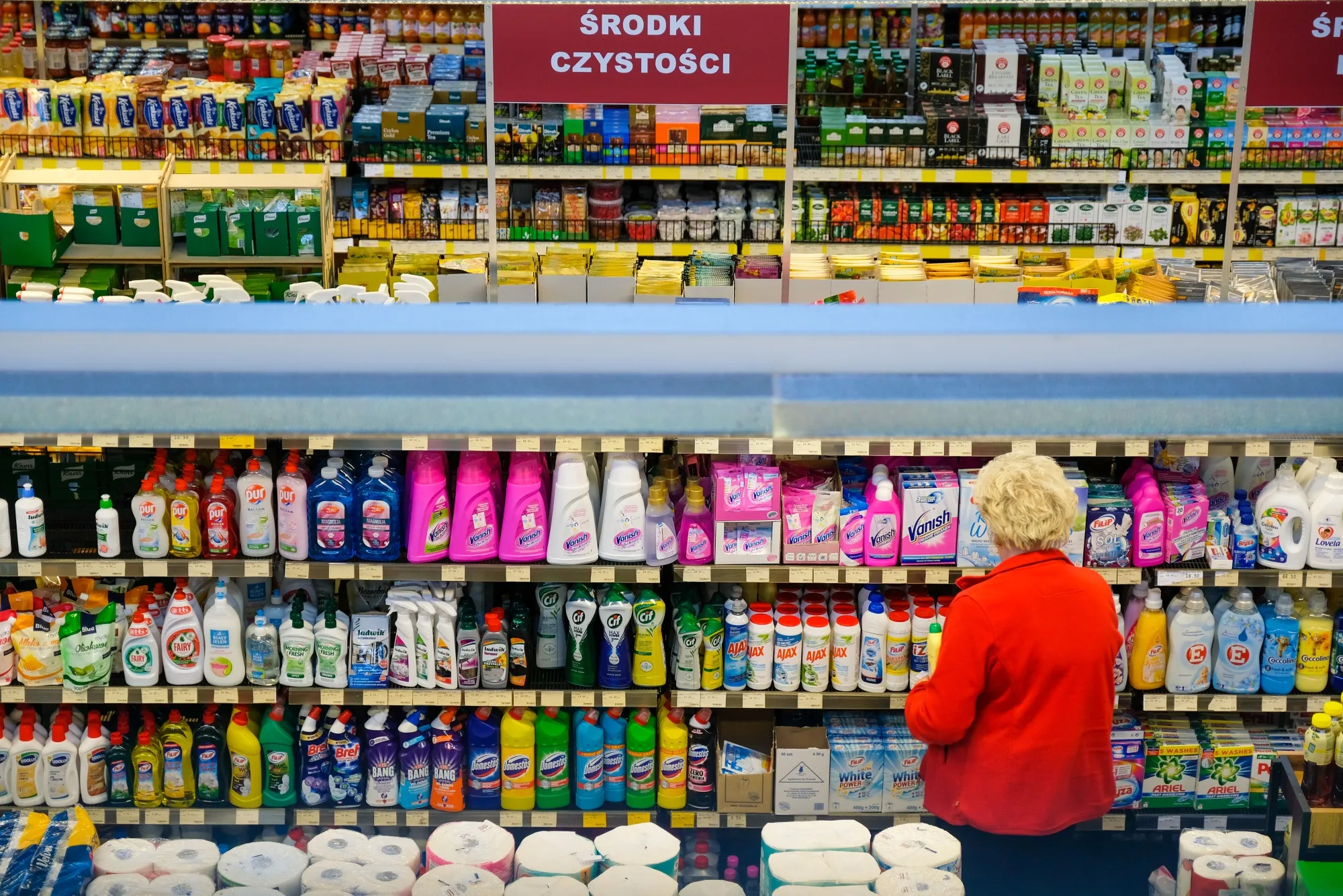 Shelves of household products at a market hall in&nbsp;Warsaw in 2024.